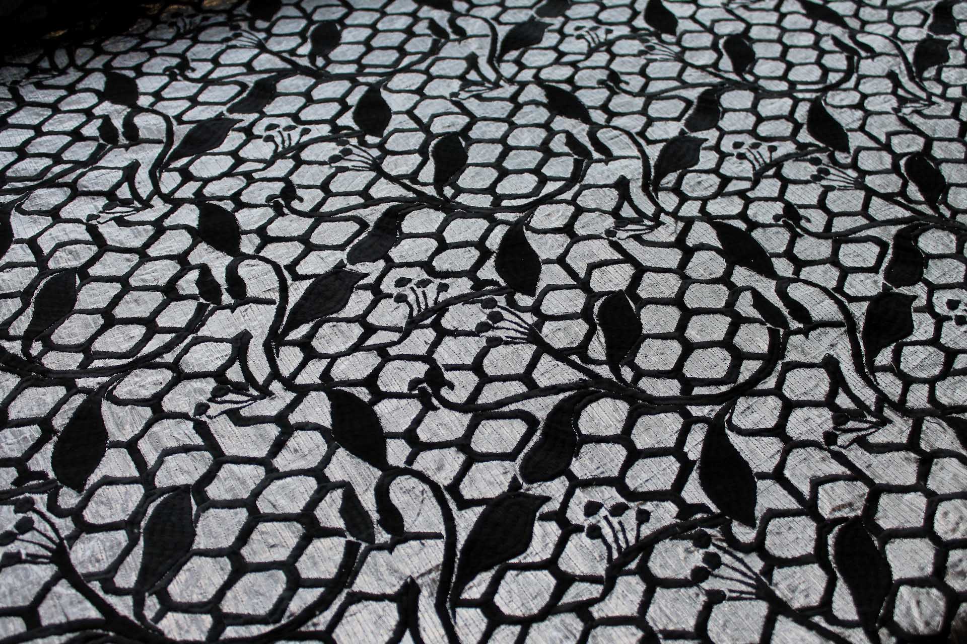 Honeycomb and Leaf Embroidery in Black on Silver Metallic Dupion fabric, image 2 of 7