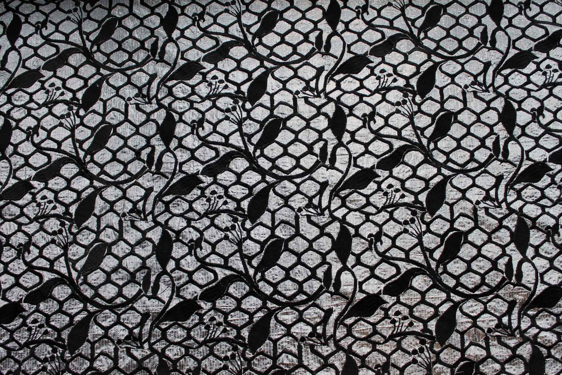 Honeycomb and Leaf Embroidery in Black on Silver Metallic Dupion fabric, image 3 of 7