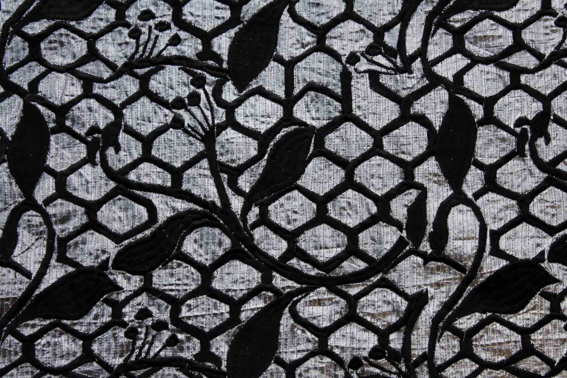 Honeycomb and Leaf Embroidery in Black on Silver Metallic Dupion fabric, image 4 of 7
