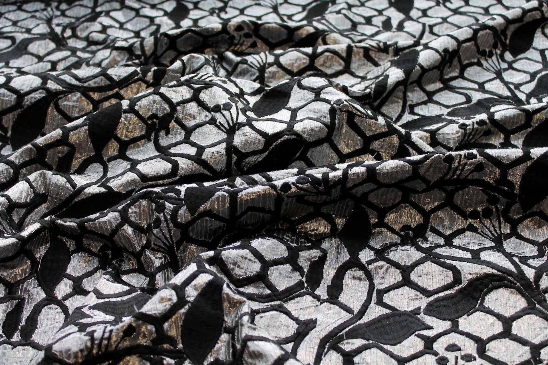Honeycomb and Leaf Embroidery in Black on Silver Metallic Dupion fabric, image 5 of 7