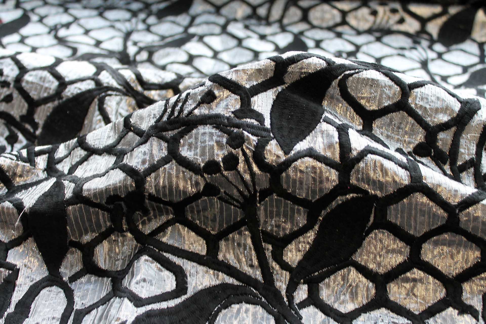 Honeycomb and Leaf Embroidery in Black on Silver Metallic Dupion fabric, image 6 of 7
