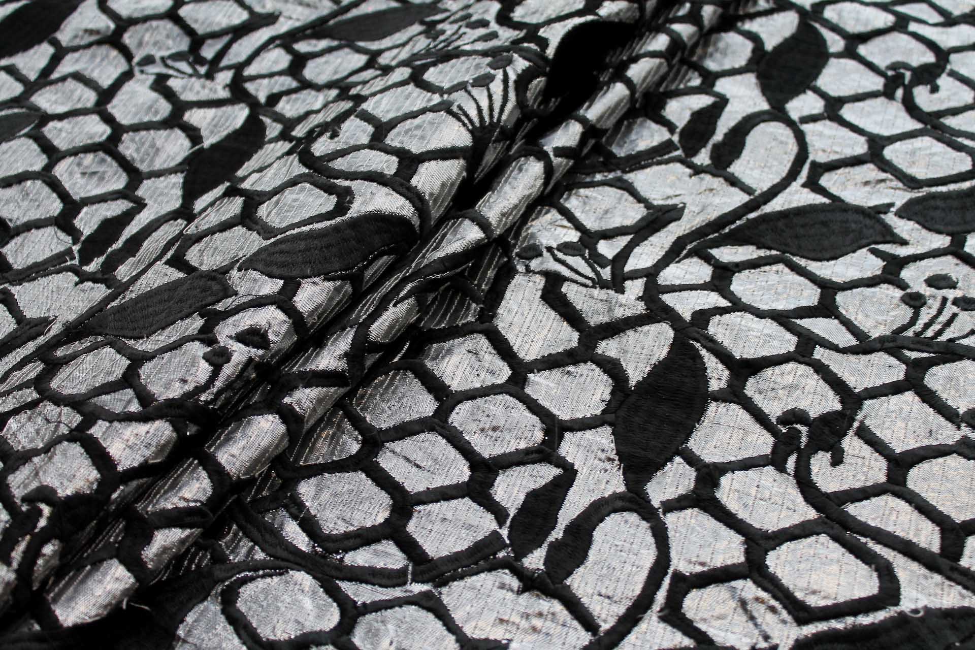 Honeycomb and Leaf Embroidery in Black on Silver Metallic Dupion fabric