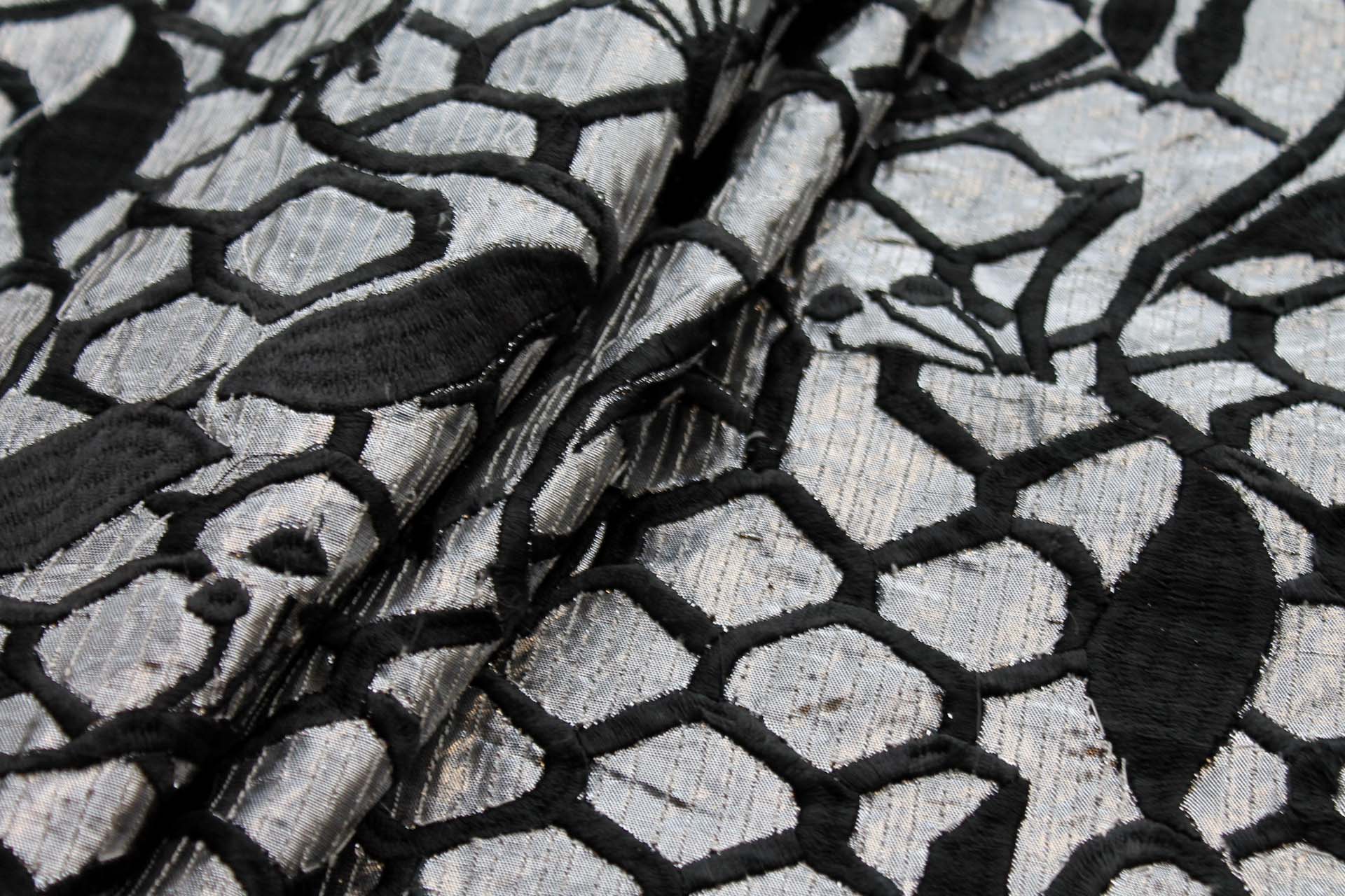 Honeycomb and Leaf Embroidery in Black on Silver Metallic Dupion fabric, image 7 of 7