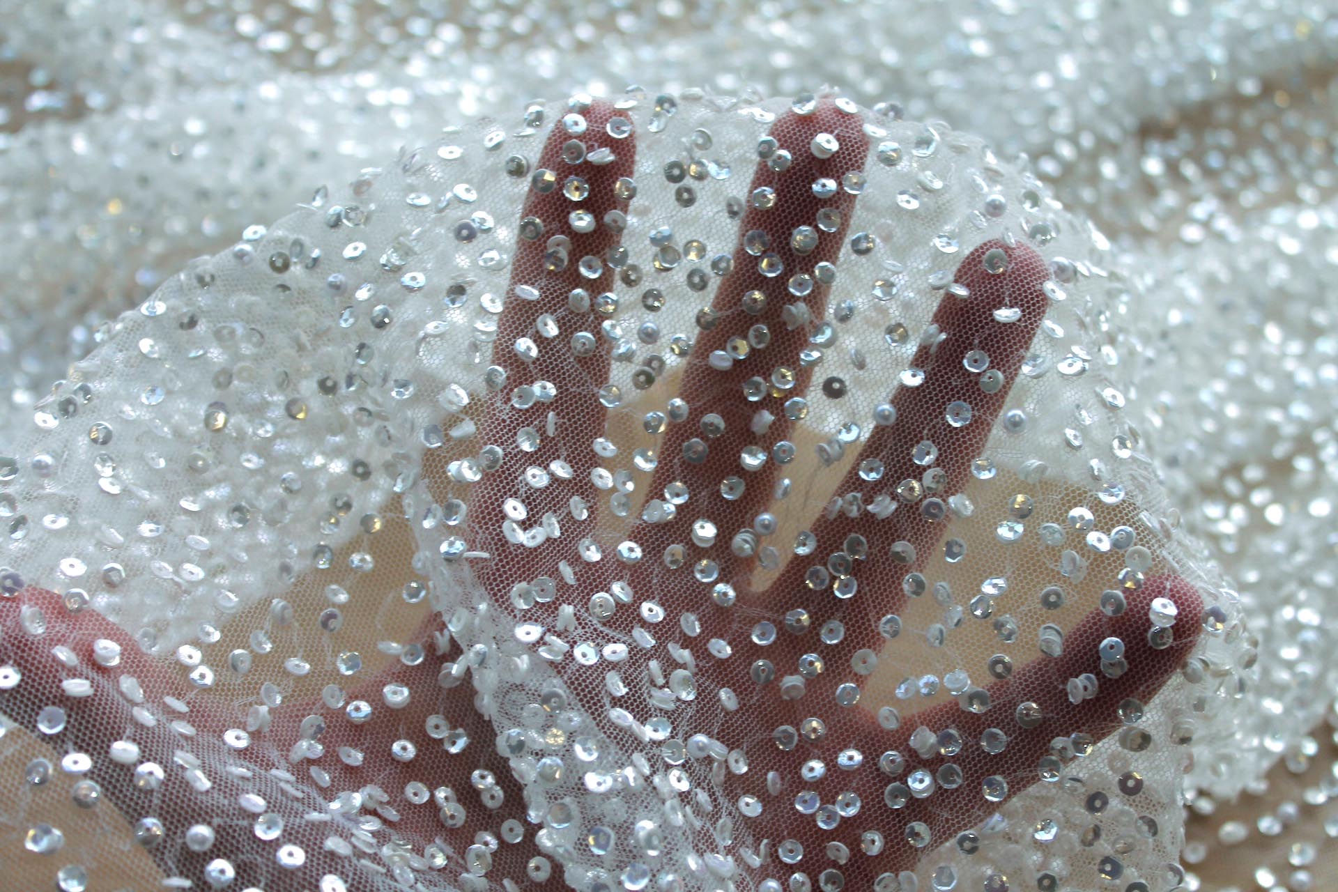 Shiny Off White Sequins and Pearls on Tulle fabric, image 2 of 9