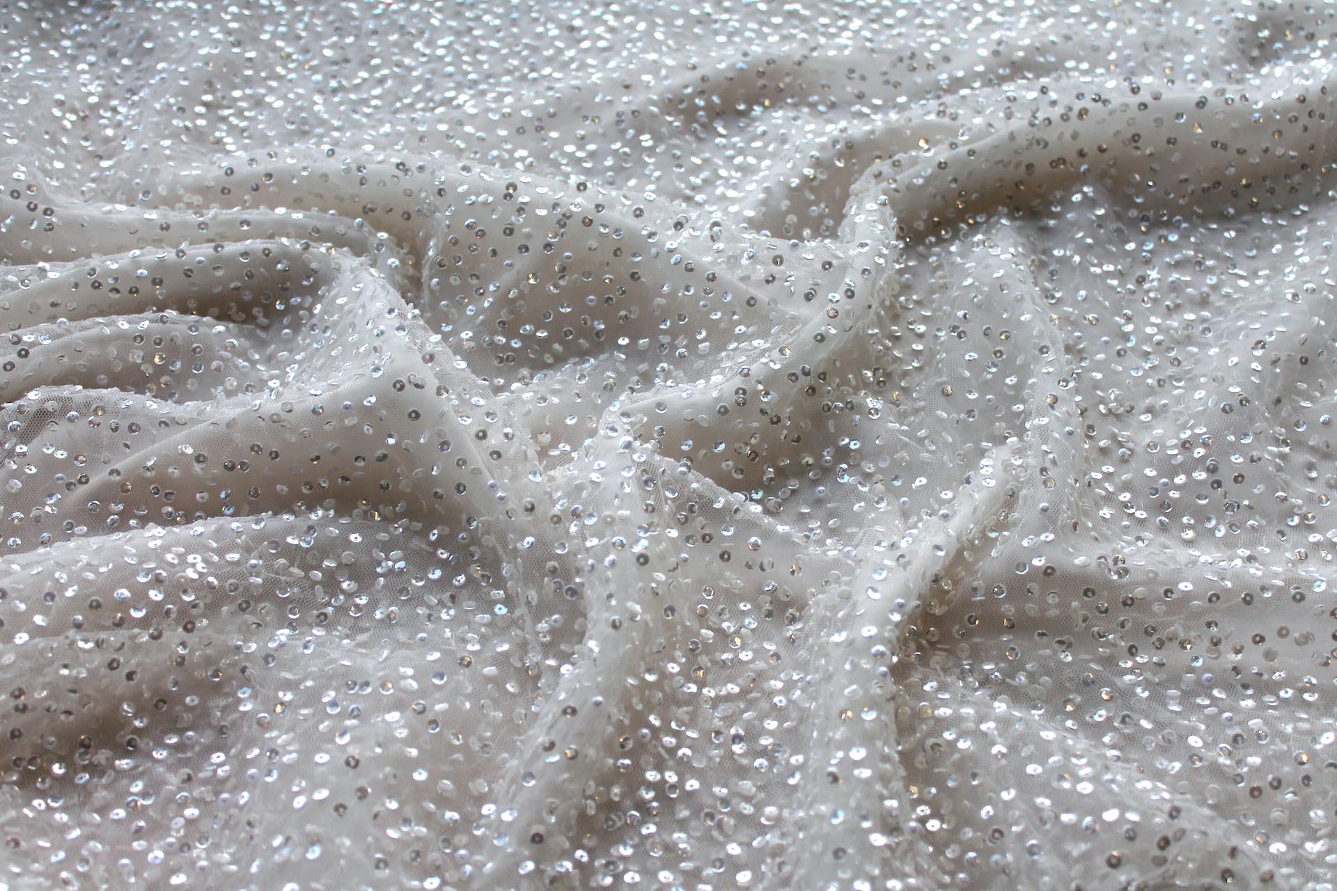 Shiny Off White Sequins and Pearls on Tulle fabric, image 3 of 9