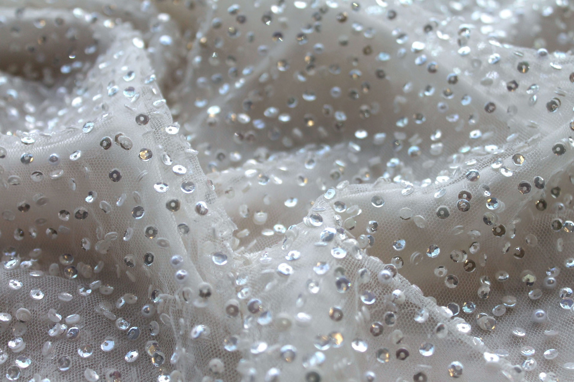Shiny Off White Sequins and Pearls on Tulle fabric, image 4 of 9