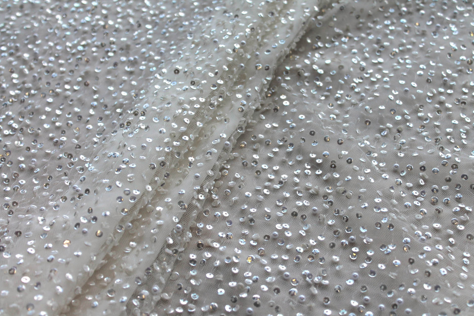 Shiny Off White Sequins and Pearls on Tulle fabric, image 5 of 9