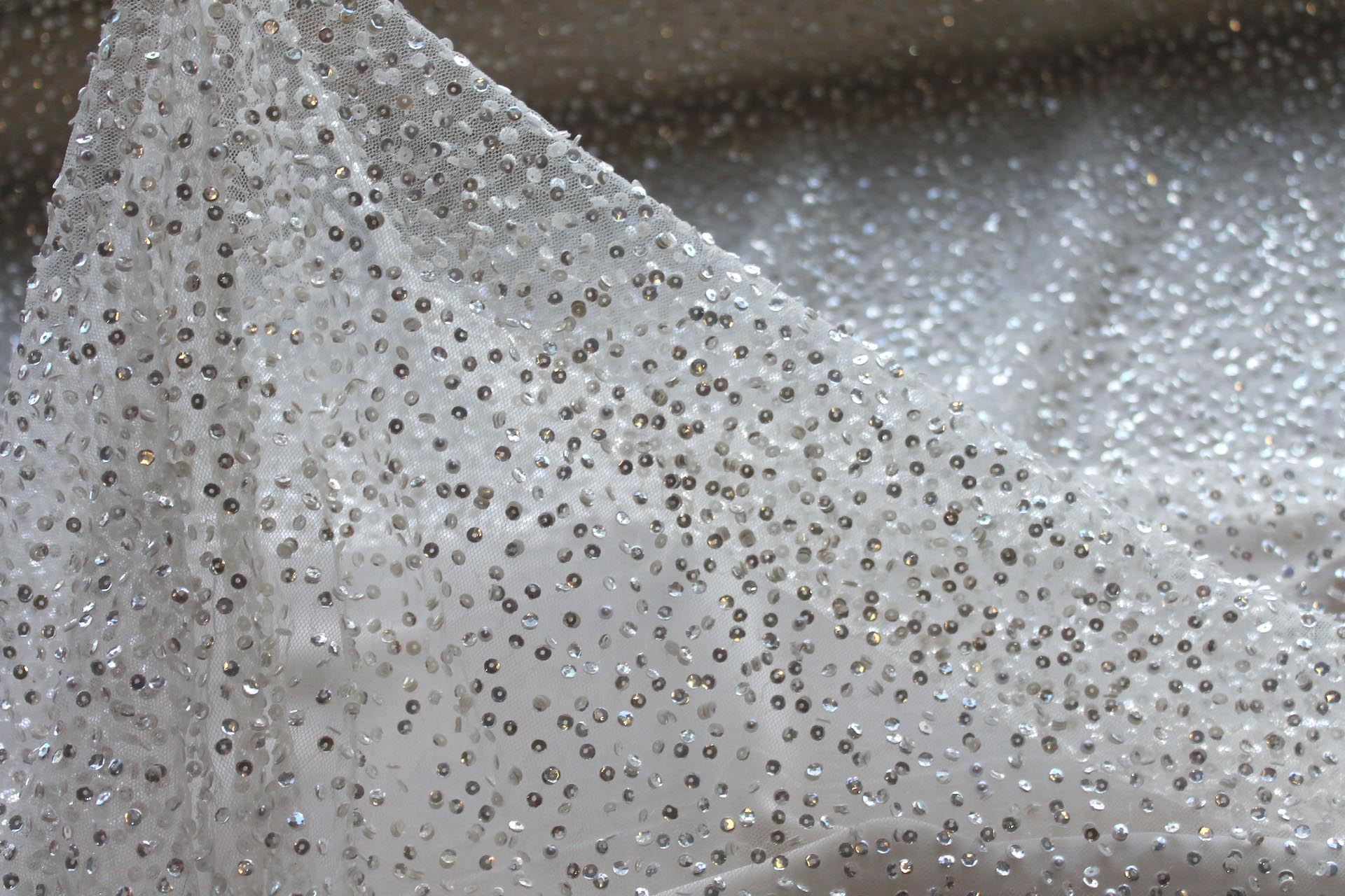 Shiny Off White Sequins and Pearls on Tulle fabric, image 6 of 9