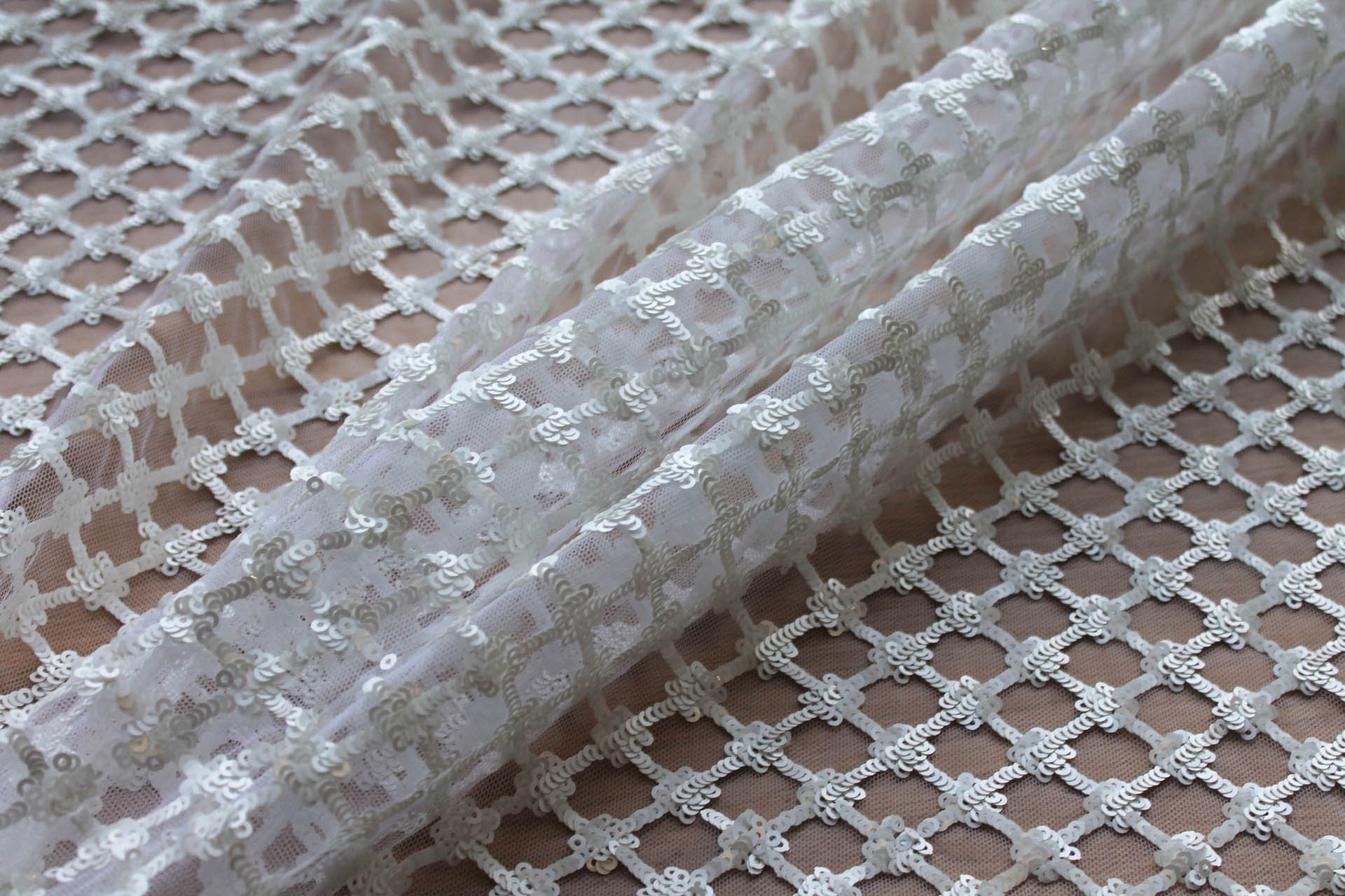 White Sequin Check on Tulle fabric