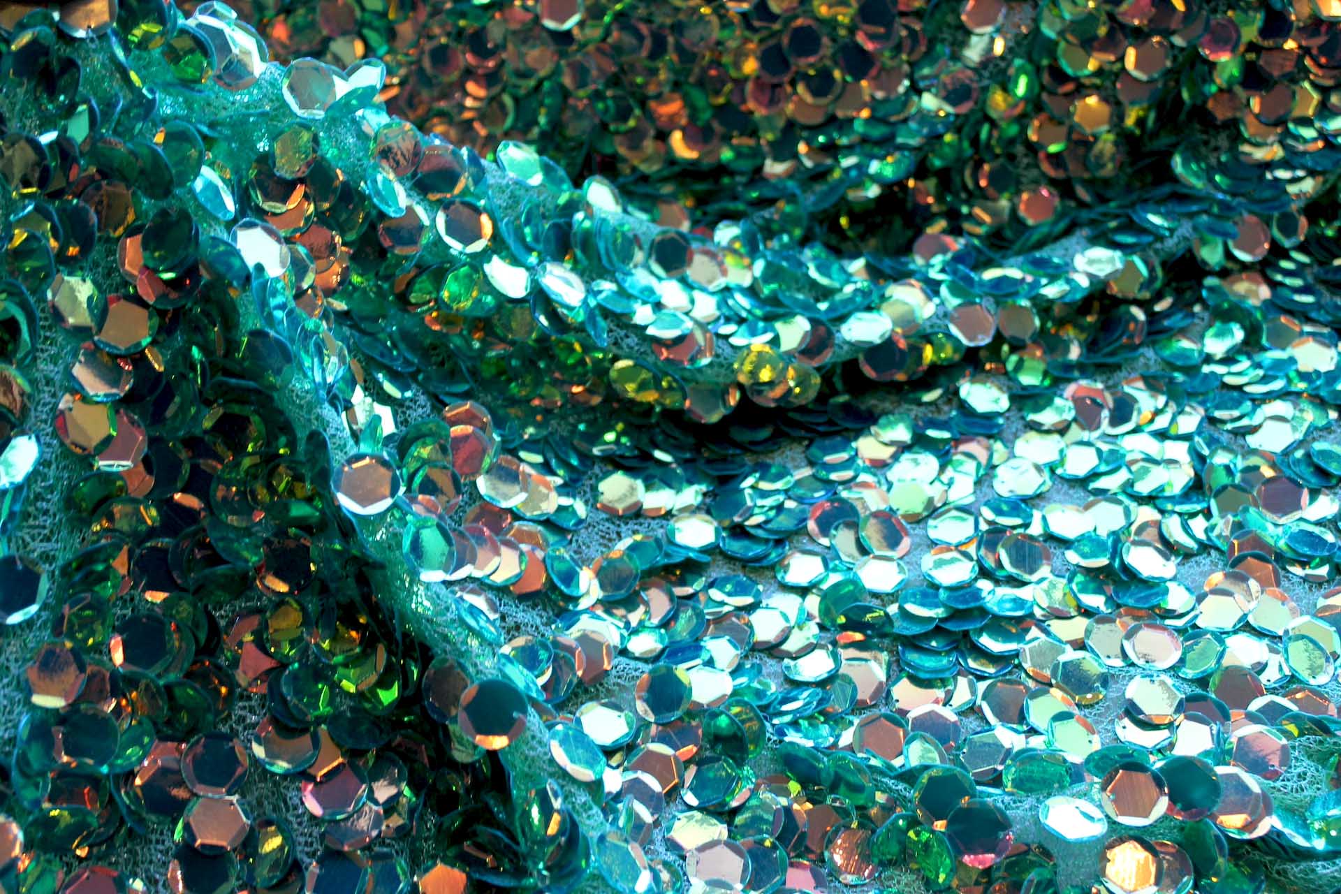 Iridescent Green Disc Sequin on Mesh fabric