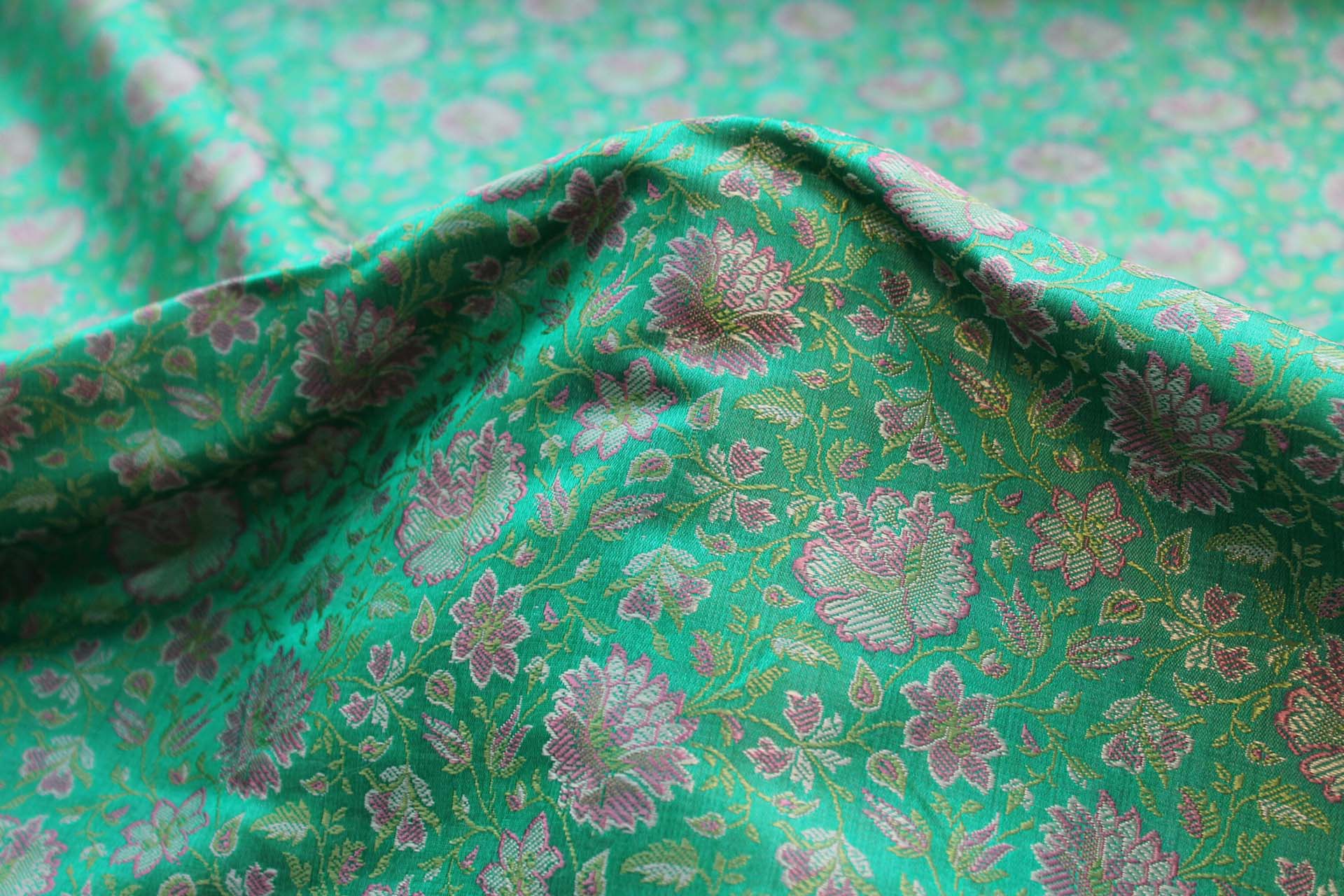 Banaras Brocade - Green and Pink fabric, image 4 of 5