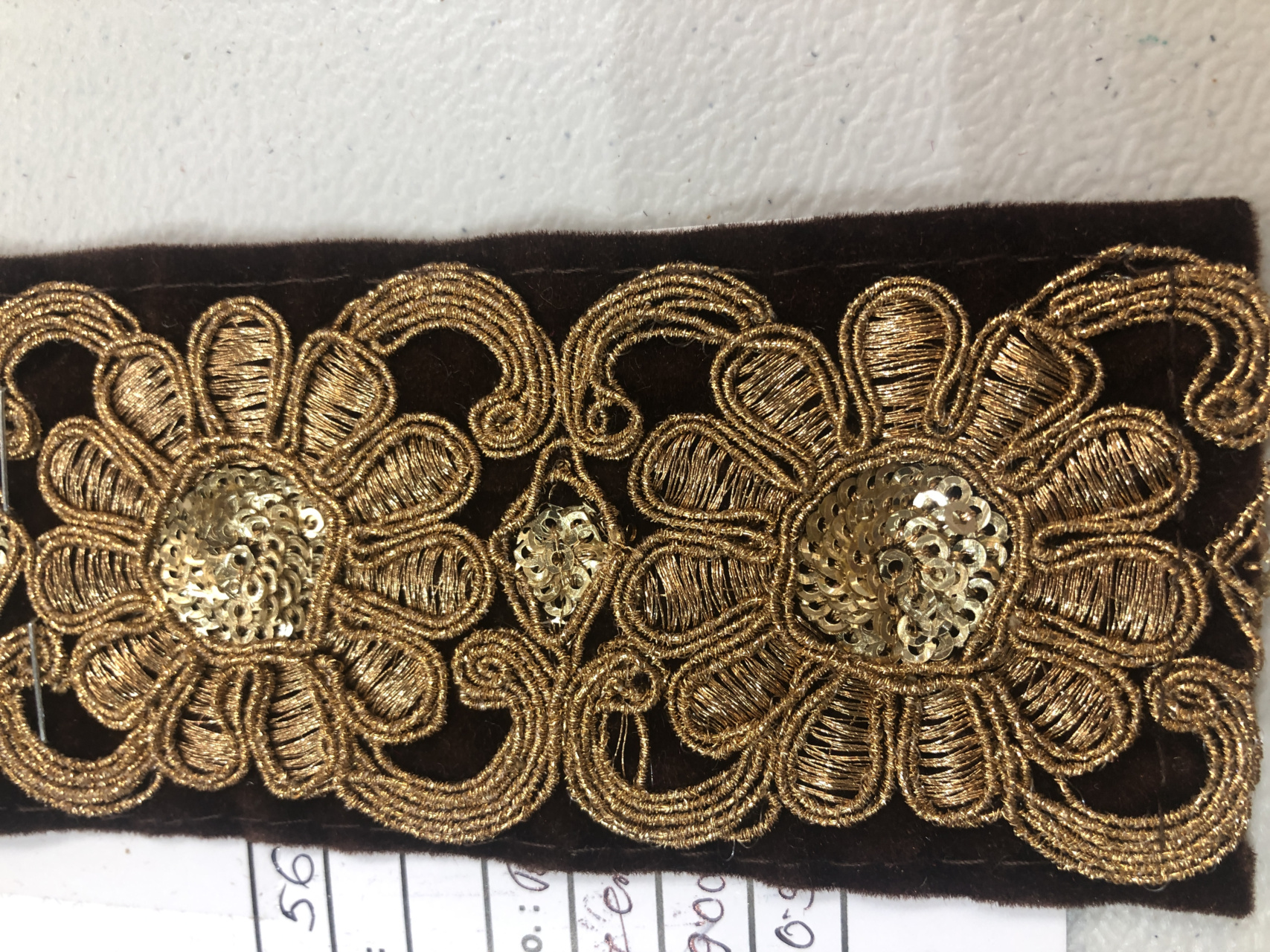 Flower Embroidery Trim - Gold Thread and Sequins on Brown Velvet, image 2 of 9