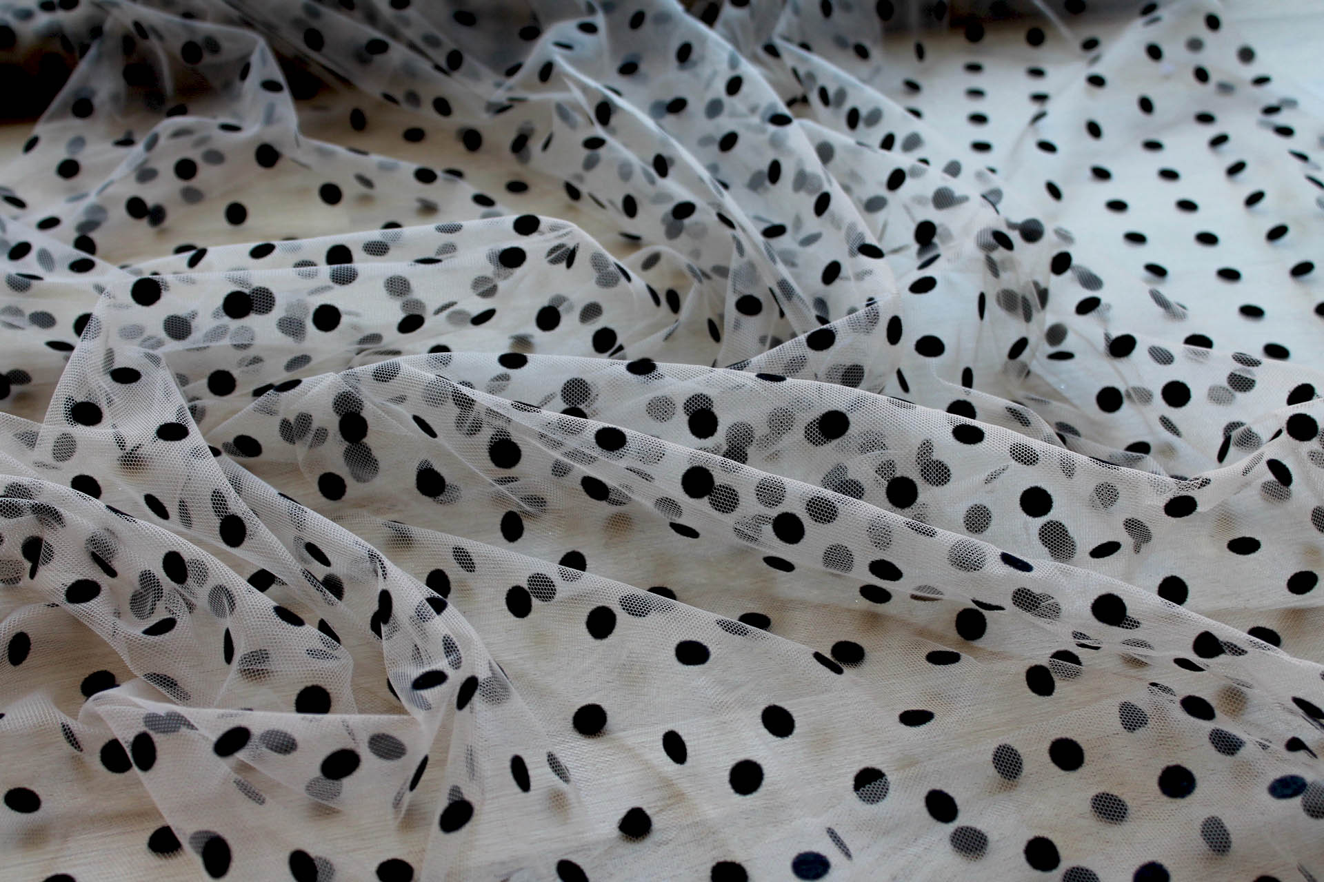 Flock Spot / Polka Dot Tulle - Black on Nude - Medium fabric, image 3 of 7
