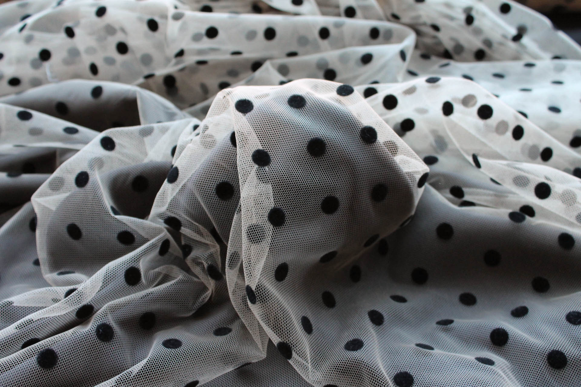 Flock Spot / Polka Dot Tulle - Black on Nude - Medium fabric, image 5 of 7