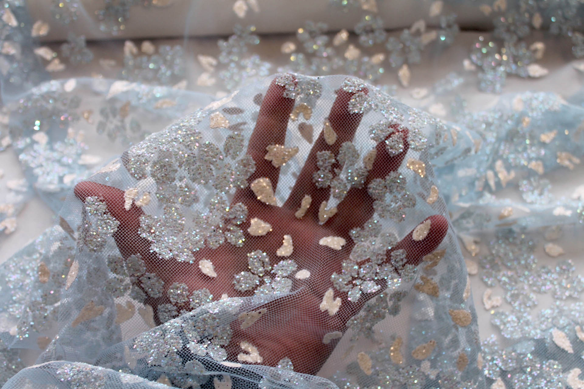 Glitter Flowers on Tulle - Pale Blue fabric, image 2 of 5