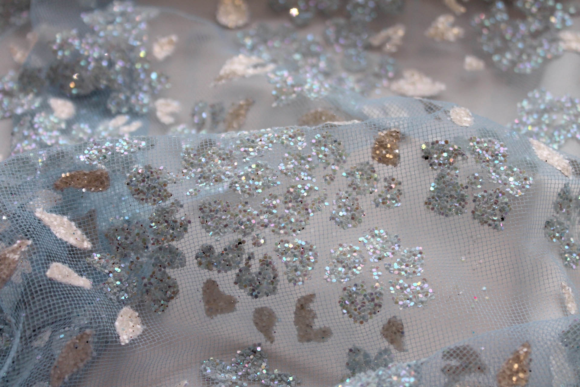 Glitter Flowers on Tulle - Pale Blue fabric, image 3 of 5