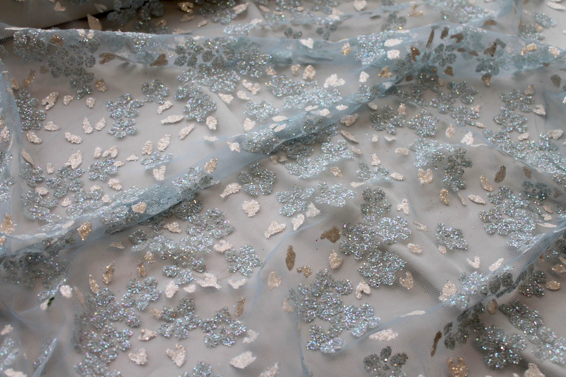 Glitter Flowers on Tulle - Pale Blue fabric, image 4 of 5