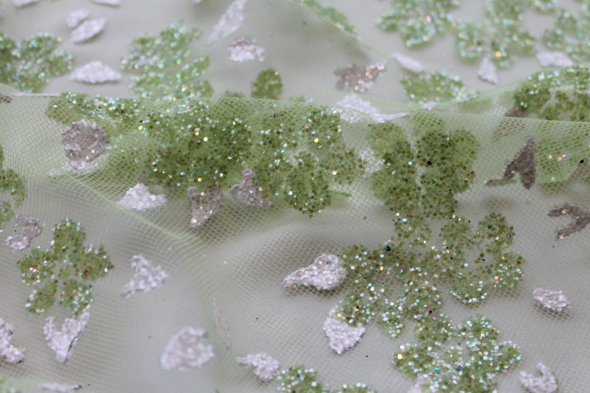 Glitter Flowers on Tulle - Pale Green fabric, image 2 of 5