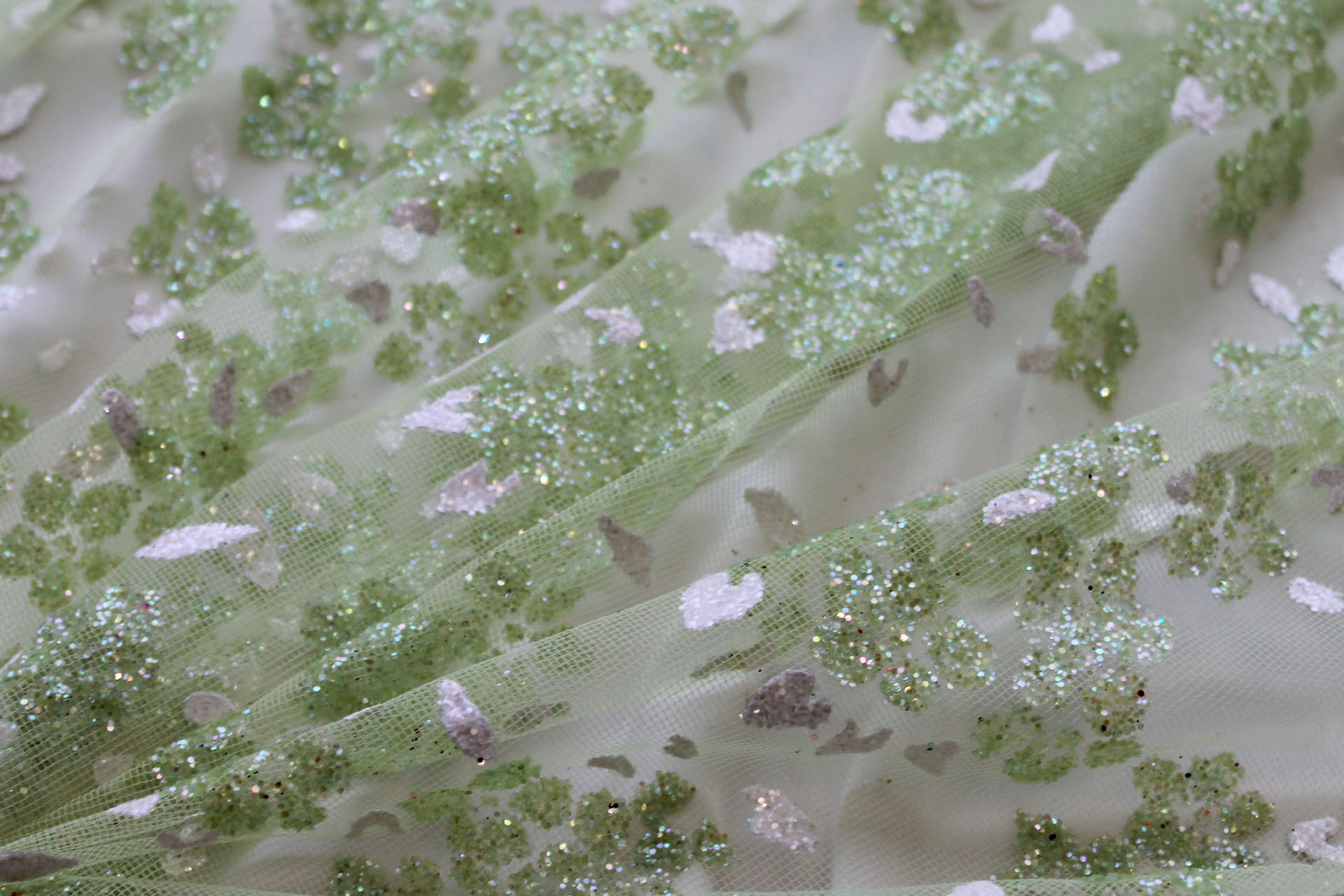 Glitter Flowers on Tulle - Pale Green fabric, image 3 of 5