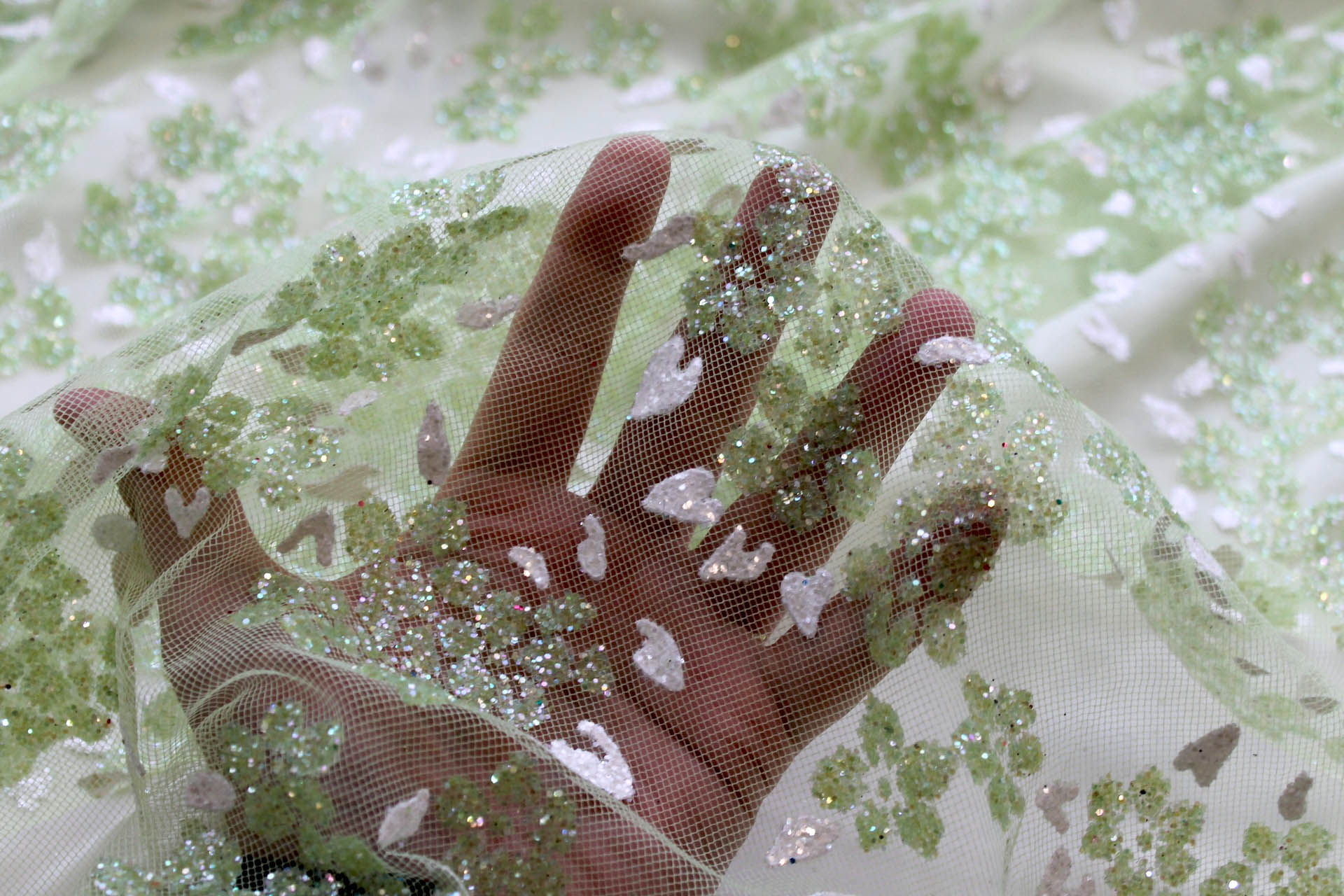Glitter Flowers on Tulle - Pale Green fabric, image 4 of 5