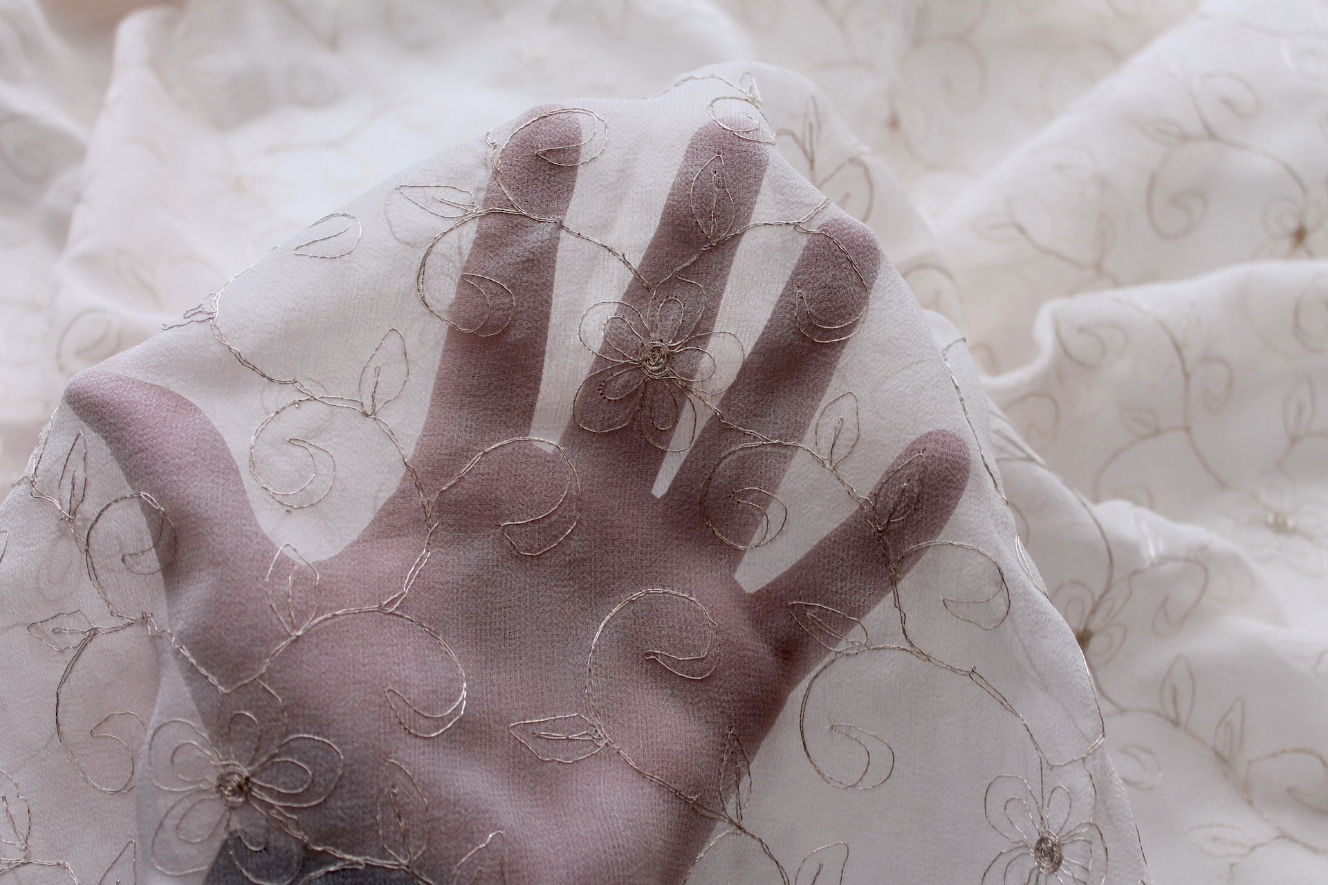 Metallic Floral and Swirl Embroidery on Blush Silk Chiffon fabric, image 5 of 5