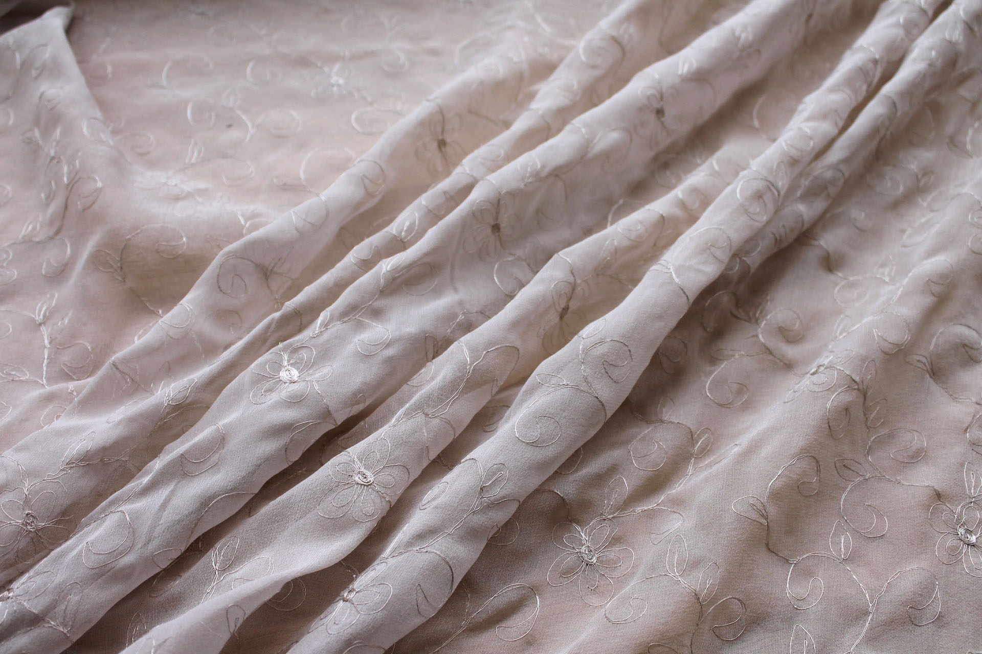 Metallic Floral and Swirl Embroidery on Oyster Silk Chiffon fabric, image 2 of 9