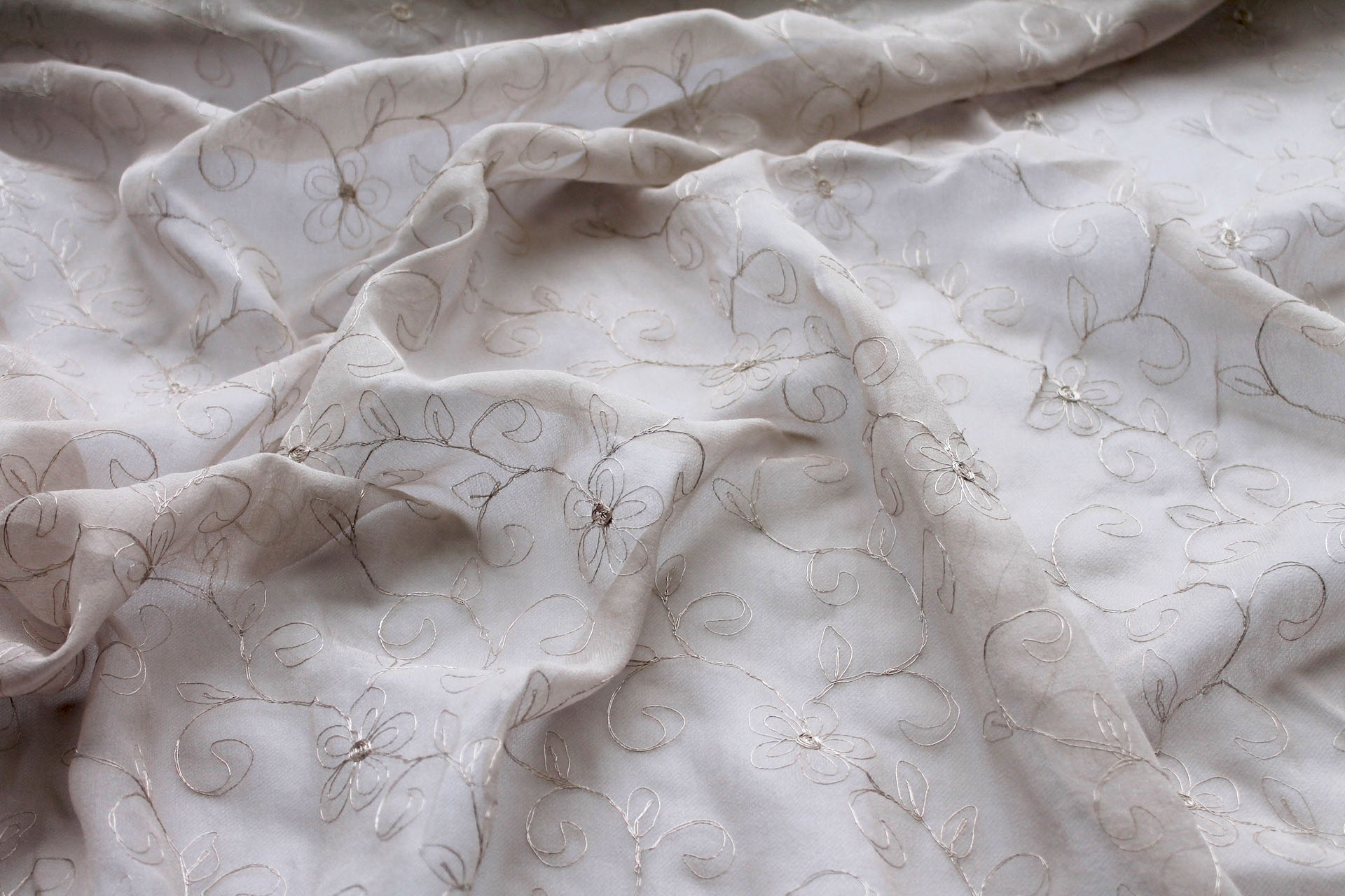 Metallic Floral and Swirl Embroidery on Oyster Silk Chiffon fabric, image 3 of 9
