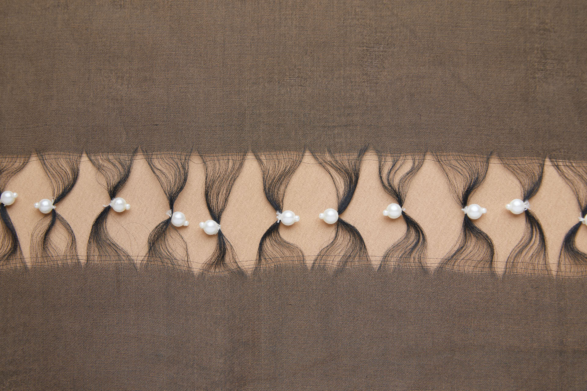 Vintage Black Silk Organza with Laddered Threads and White Pearls fabric, image 5 of 11