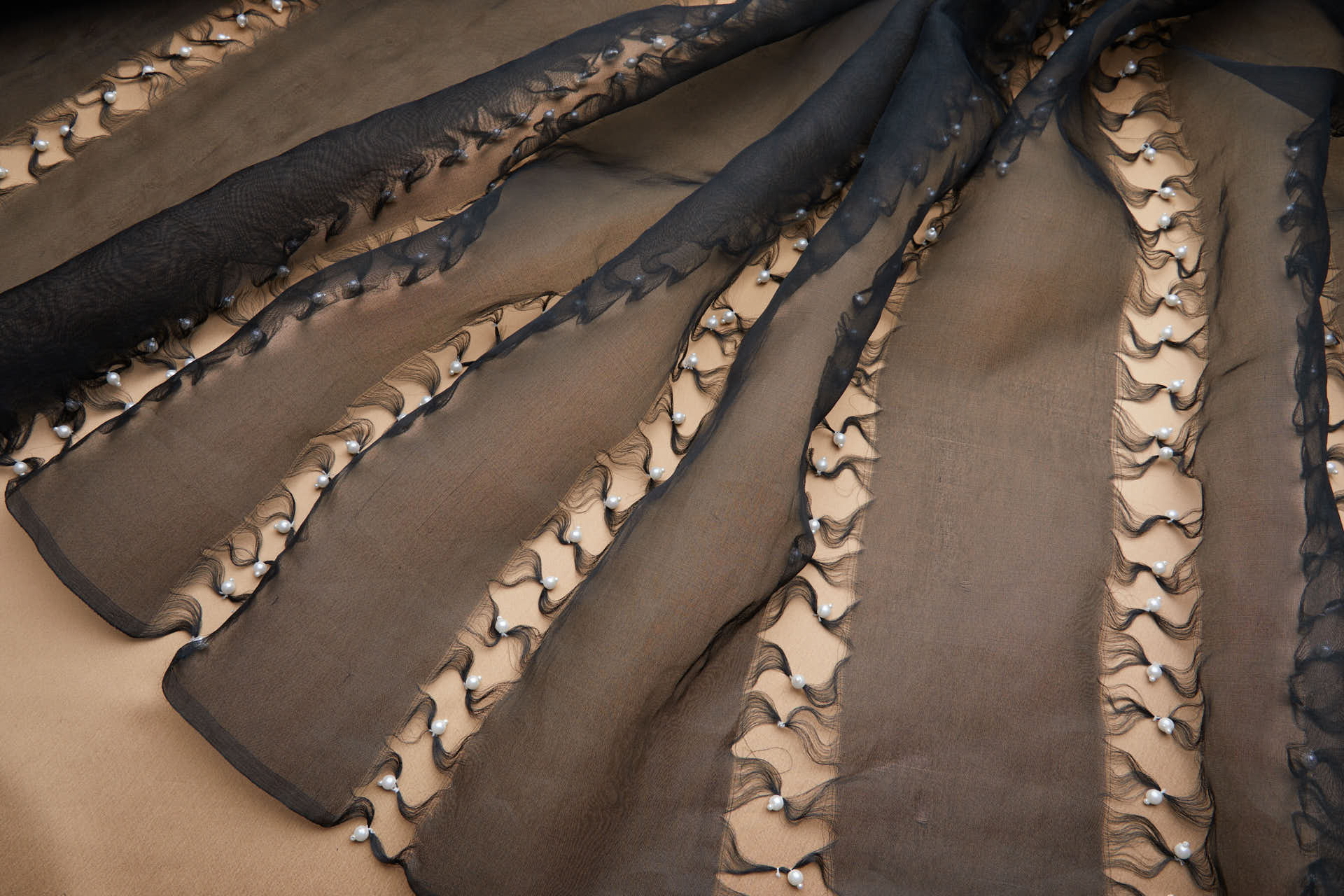 Vintage Black Silk Organza with Laddered Threads and White Pearls fabric, image 10 of 11