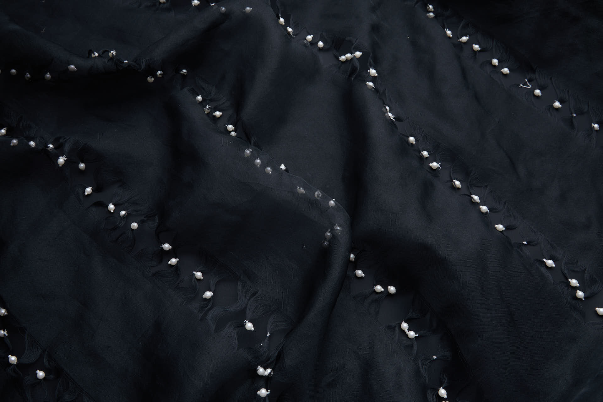 Vintage Black Silk Organza with Laddered Threads and White Pearls fabric, image 4 of 11