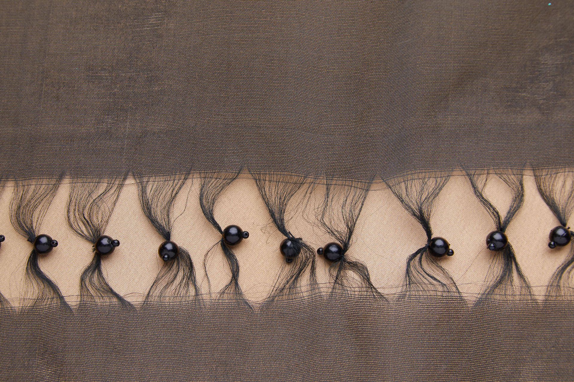 Vintage Black Silk Organza with Laddered Threads and Black Pearls fabric, image 2 of 9