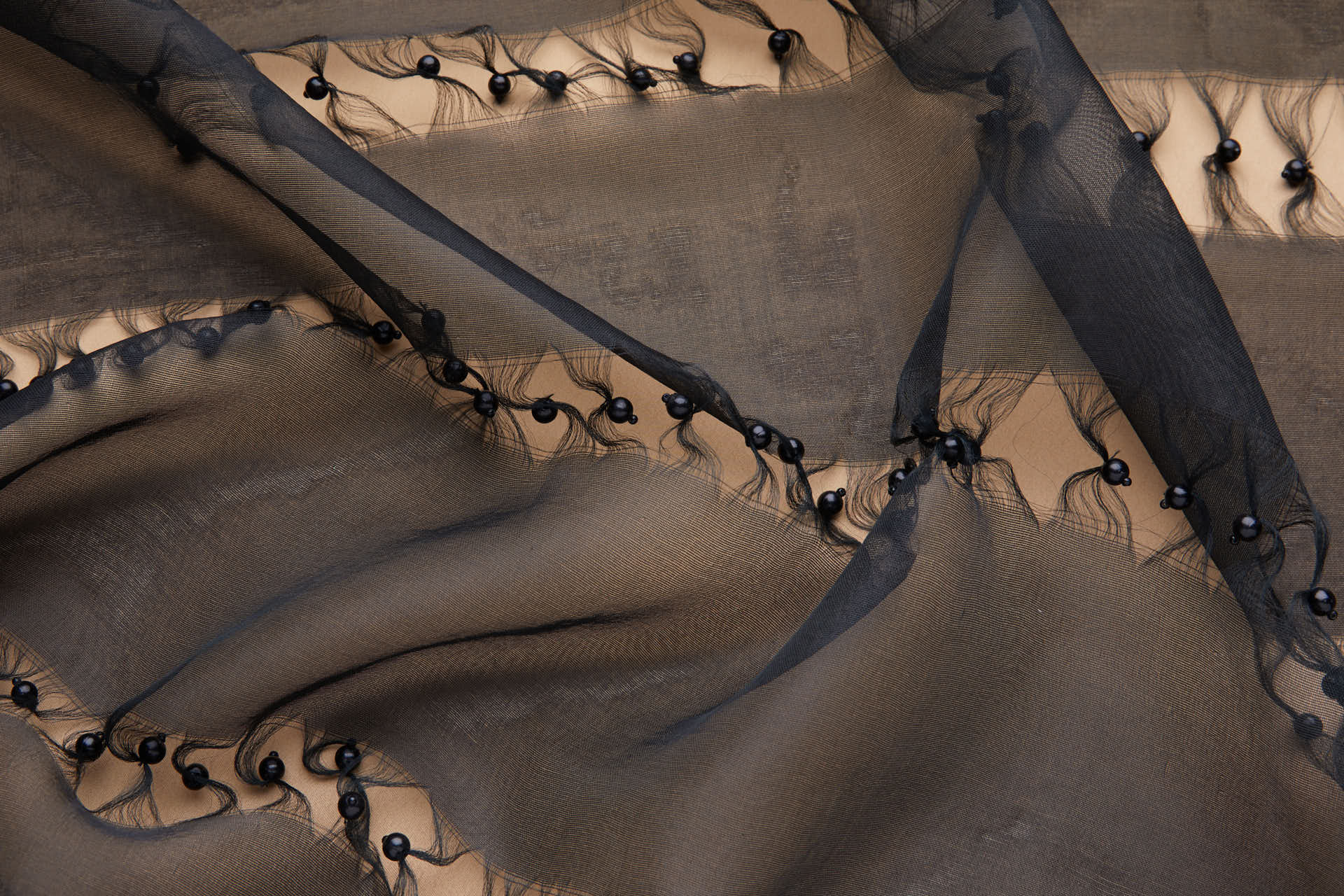 Vintage Black Silk Organza with Laddered Threads and Black Pearls fabric, image 6 of 9