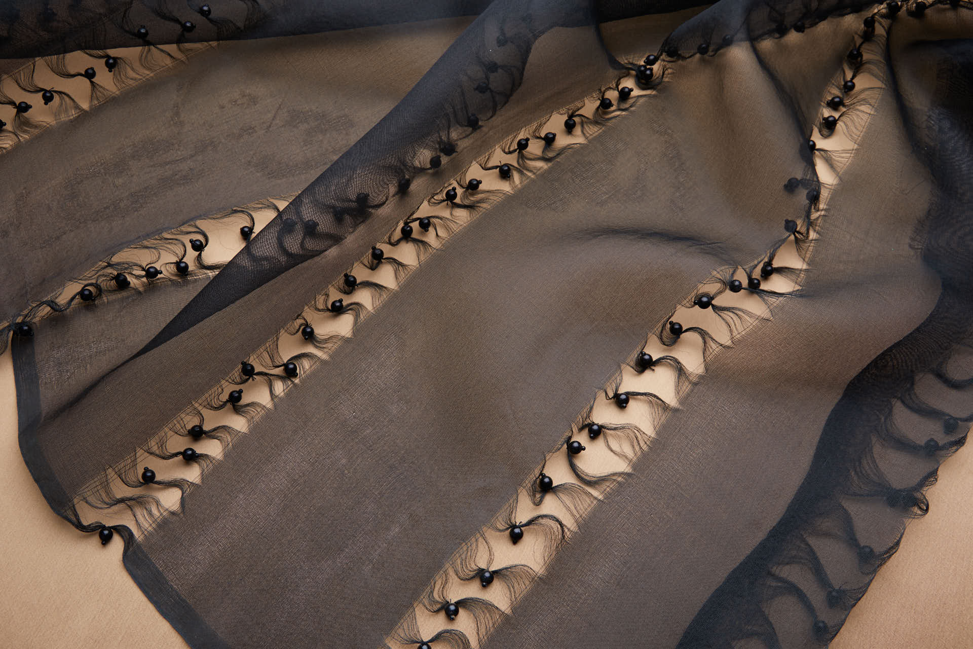 Vintage Black Silk Organza with Laddered Threads and Black Pearls fabric, image 4 of 9