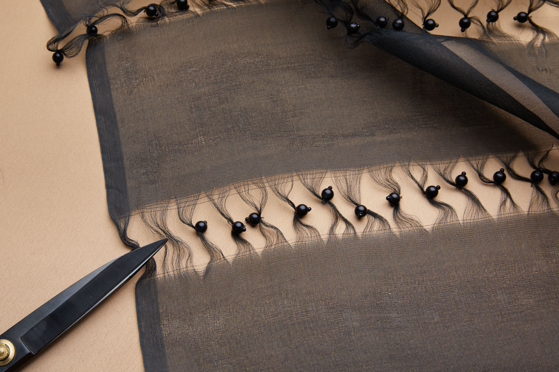 Vintage Black Silk Organza with Laddered Threads and Black Pearls fabric, image 5 of 9