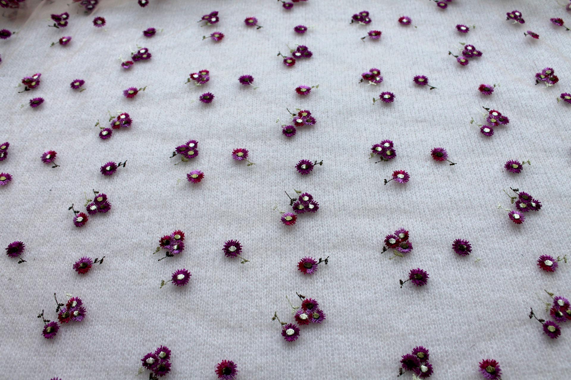 Floral Embroidered Daisies on Tulle - Pinks and Purples on Nude fabric, image 2 of 7