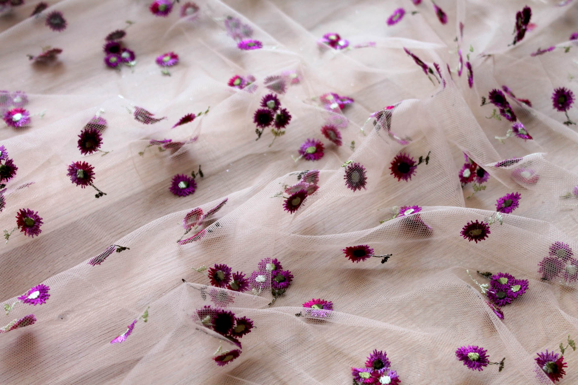 Floral Embroidered Daisies on Tulle - Pinks and Purples on Nude fabric, image 3 of 7
