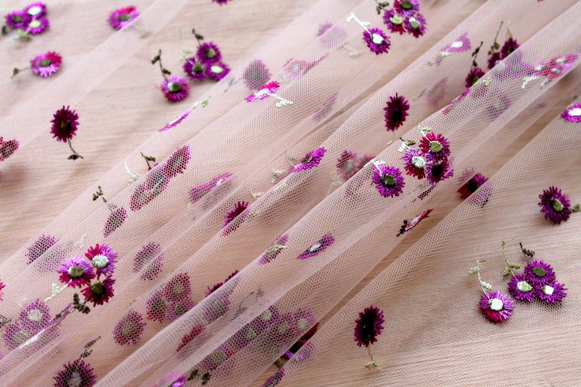 Floral Embroidered Daisies on Tulle - Pinks and Purples on Nude fabric, image 4 of 7