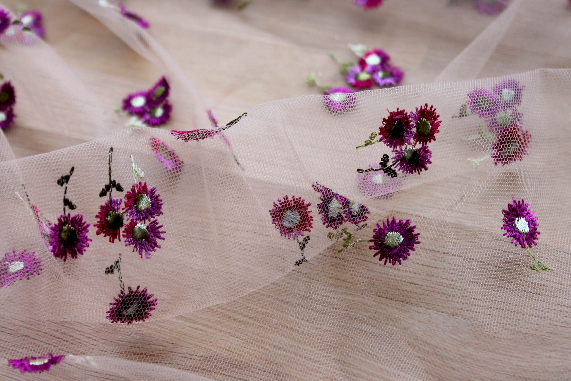 Floral Embroidered Daisies on Tulle - Pinks and Purples on Nude fabric, image 5 of 7