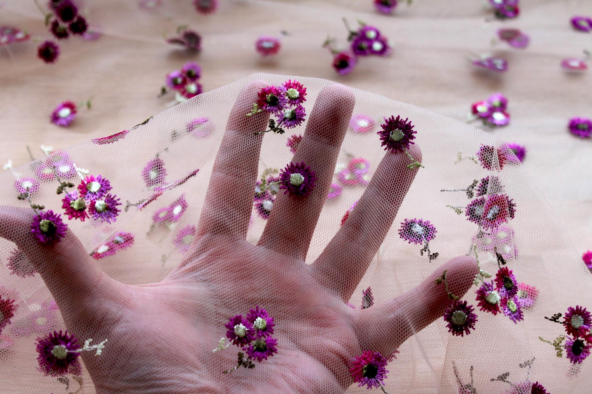 Floral Embroidered Daisies on Tulle - Pinks and Purples on Nude fabric, image 6 of 7