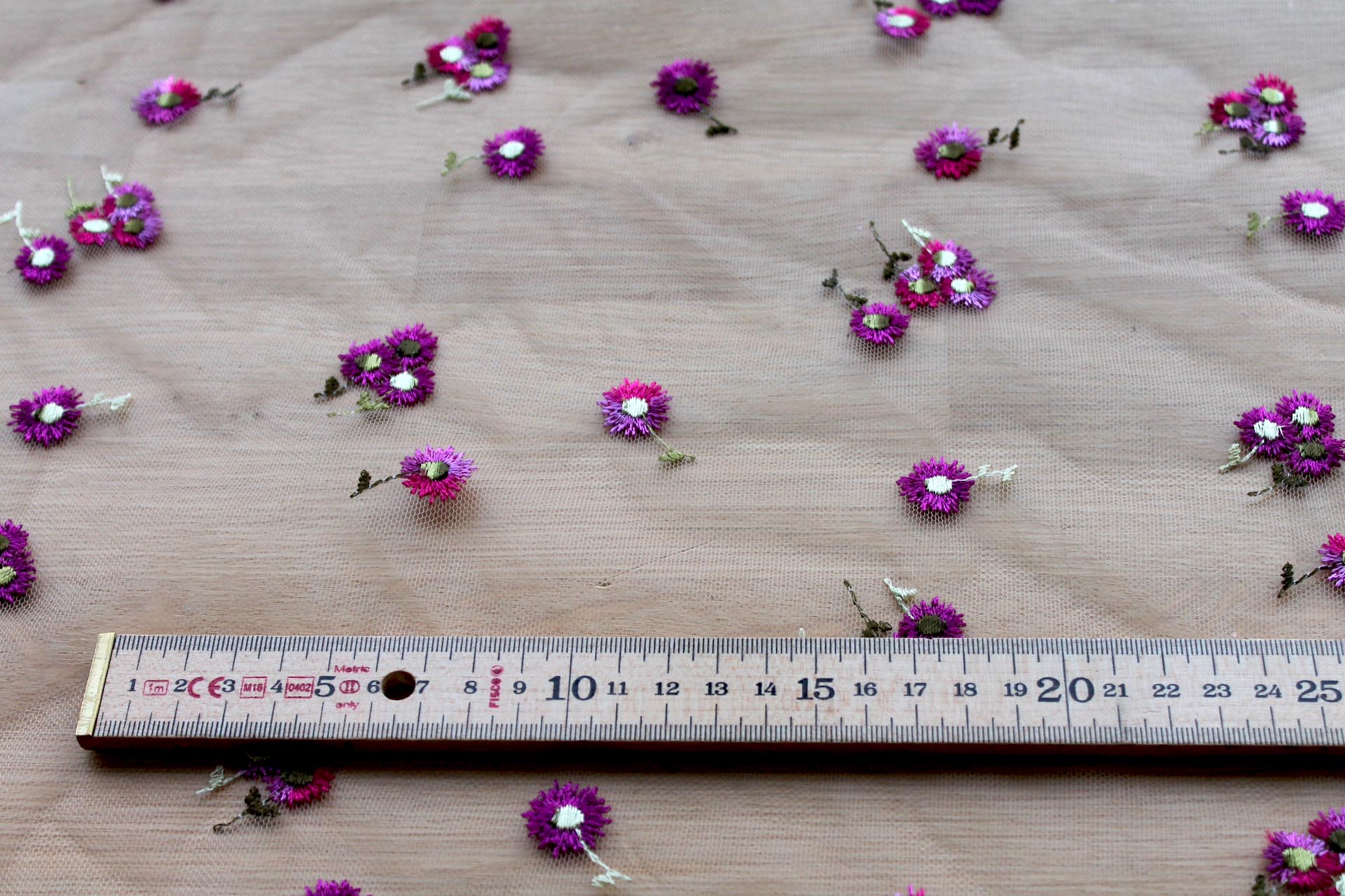 Floral Embroidered Daisies on Tulle - Pinks and Purples on Nude fabric, image 7 of 7