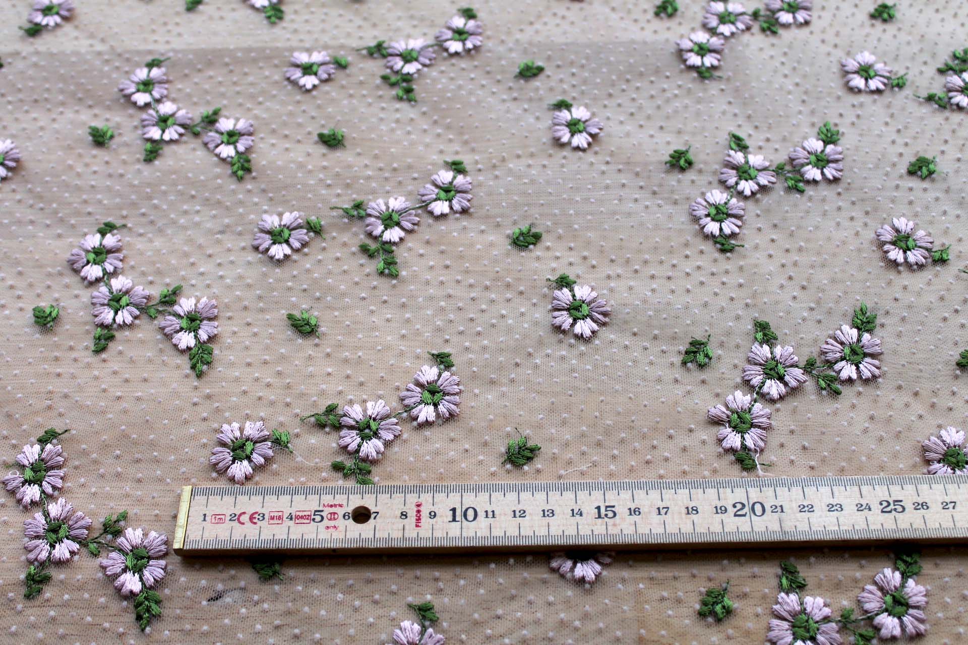 Floral Embroidered Flock Spot / Dot Tulle - Dusty Pink and Green on Nude fabric, image 2 of 8