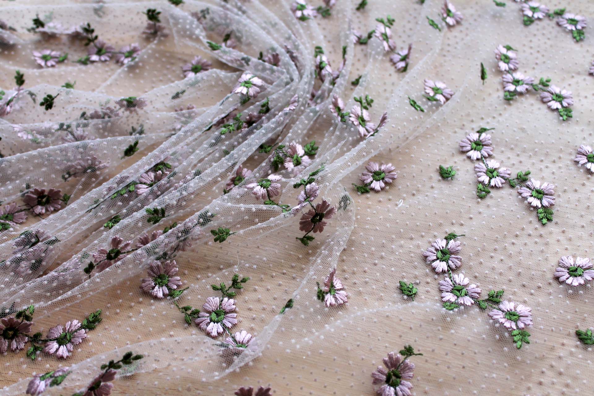 Floral Embroidered Flock Spot / Dot Tulle - Dusty Pink and Green on Nude fabric