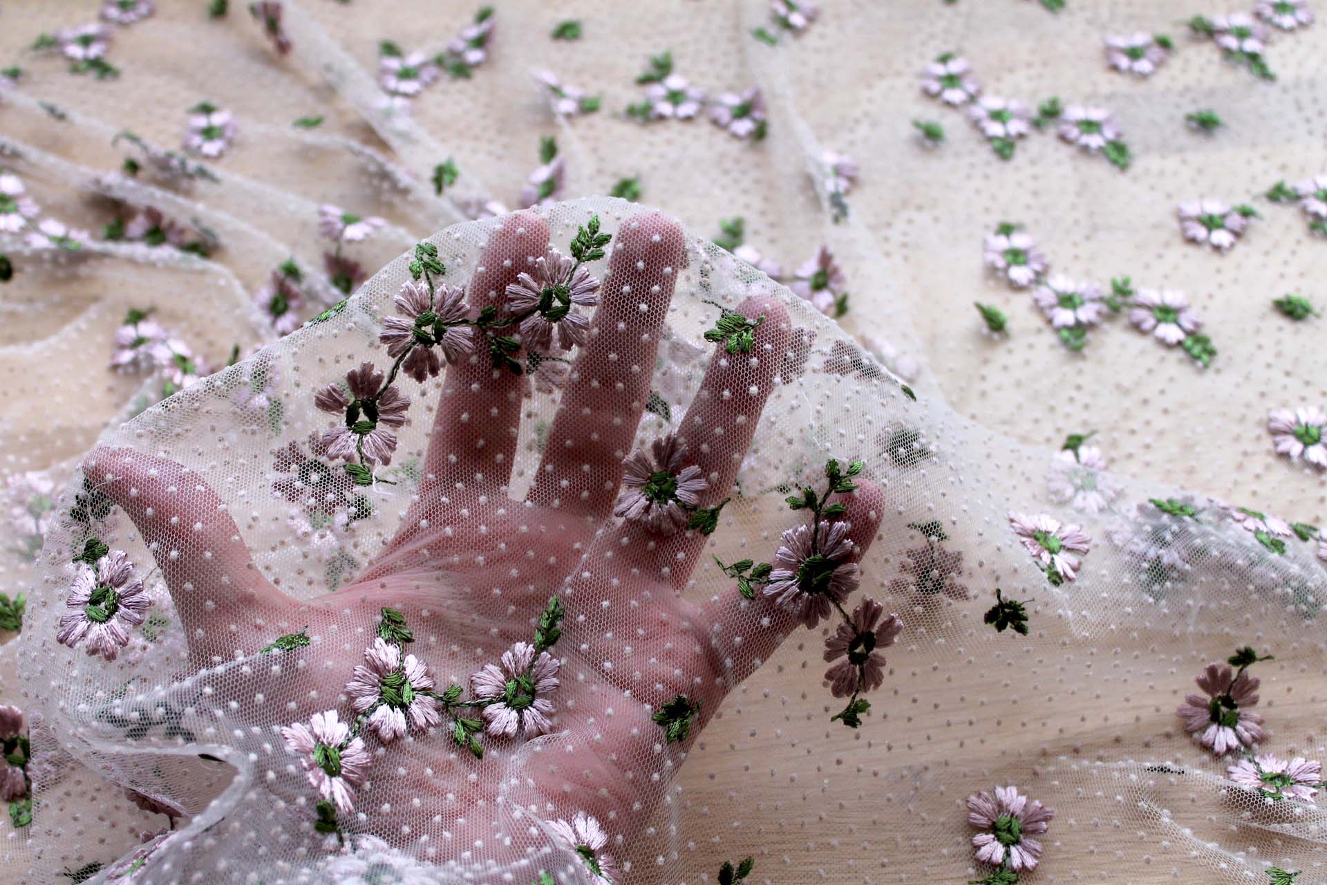 Floral Embroidered Flock Spot / Dot Tulle - Dusty Pink and Green on Nude fabric, image 3 of 8