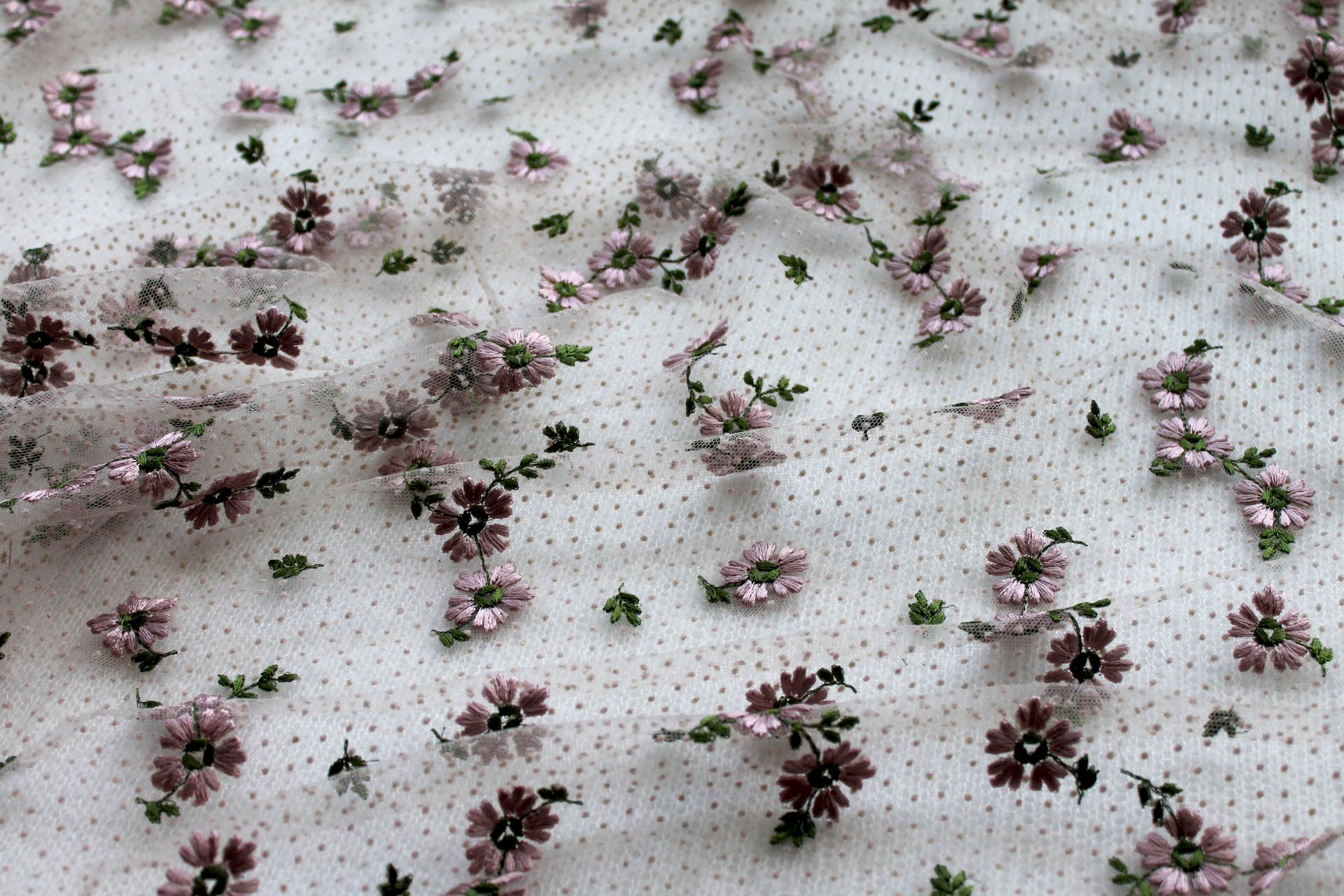 Floral Embroidered Flock Spot / Dot Tulle - Dusty Pink and Green on Nude fabric, image 4 of 8