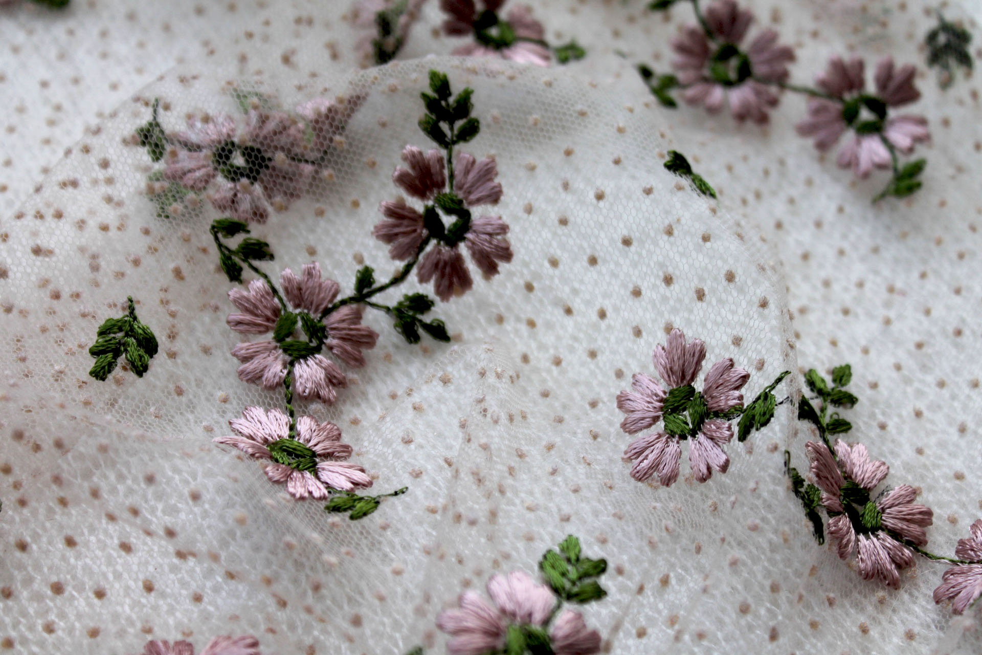 Floral Embroidered Flock Spot / Dot Tulle - Dusty Pink and Green on Nude fabric, image 5 of 8