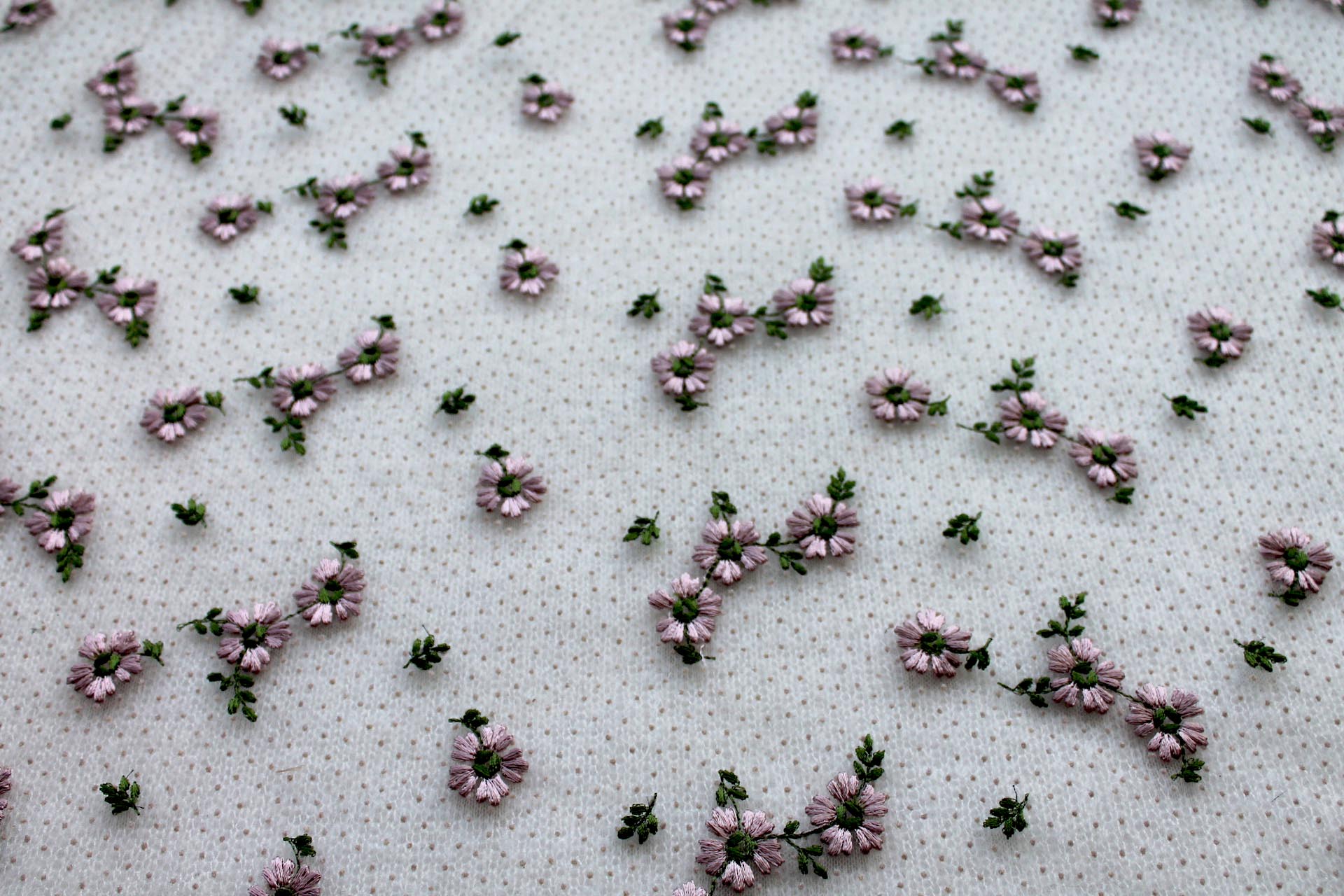 Floral Embroidered Flock Spot / Dot Tulle - Dusty Pink and Green on Nude fabric, image 6 of 8
