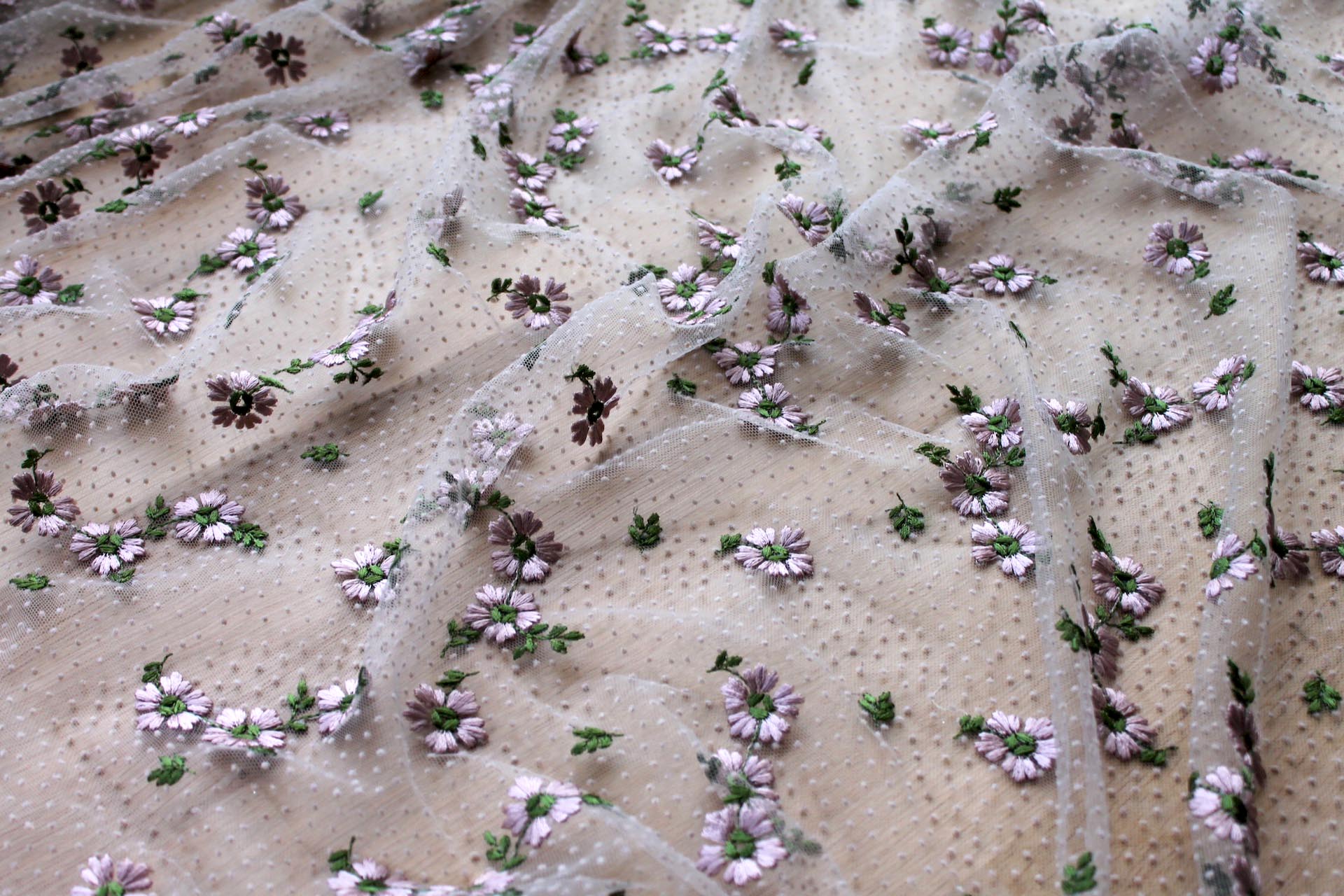 Floral Embroidered Flock Spot / Dot Tulle - Dusty Pink and Green on Nude fabric, image 7 of 8