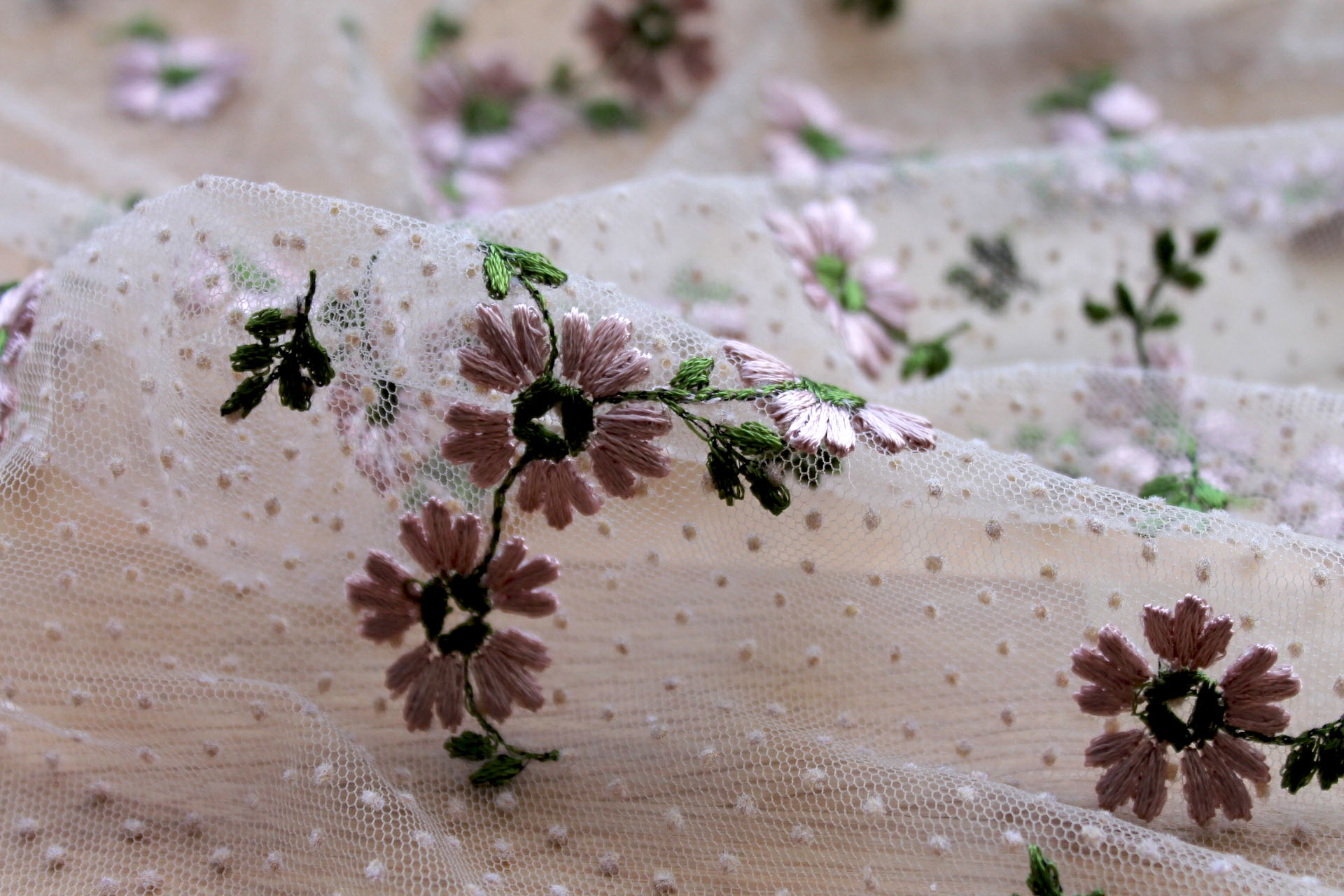 Floral Embroidered Flock Spot / Dot Tulle - Dusty Pink and Green on Nude fabric, image 8 of 8