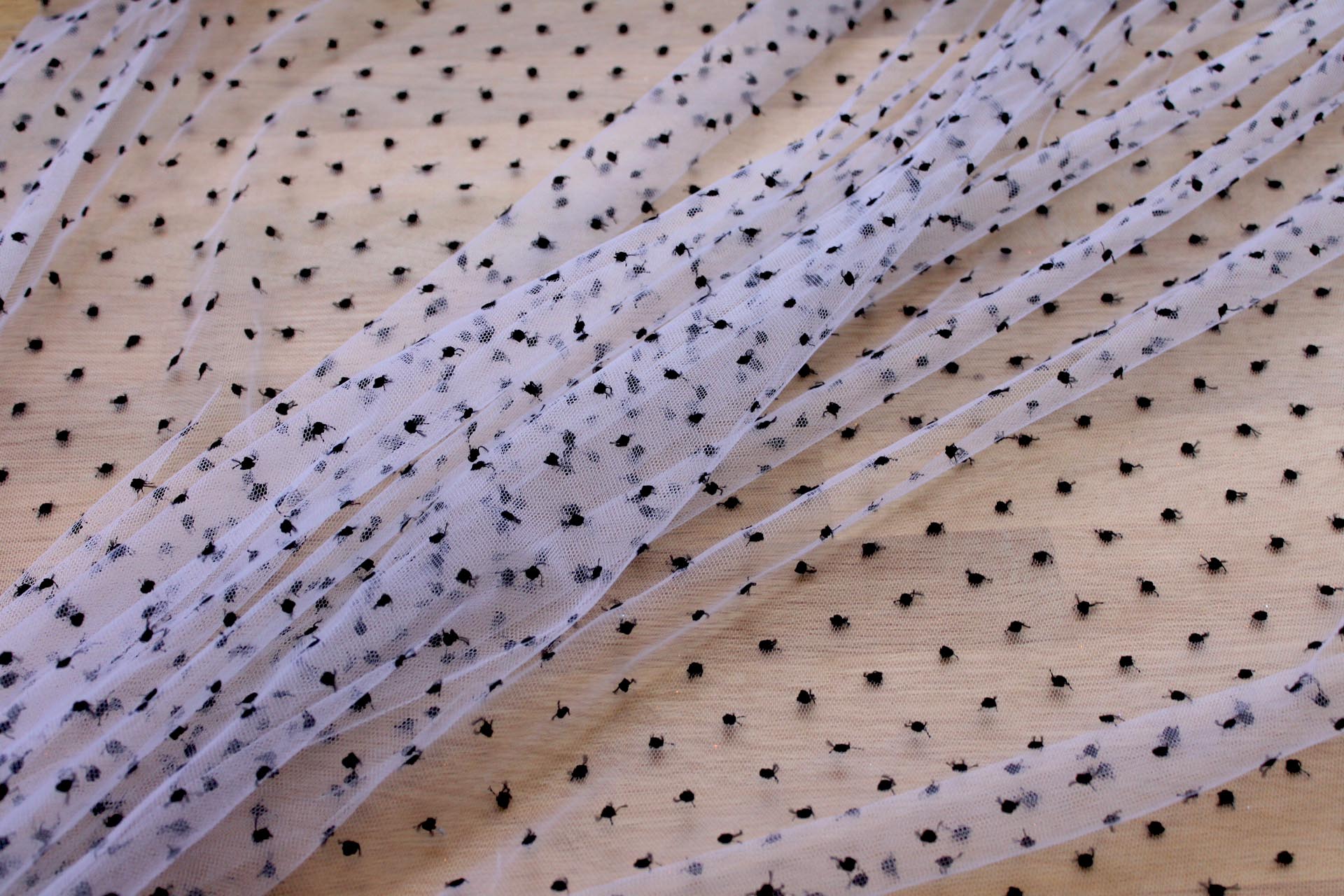 Embroidered Polka Dot / Spot Tulle - Small Black on White fabric, image 2 of 5