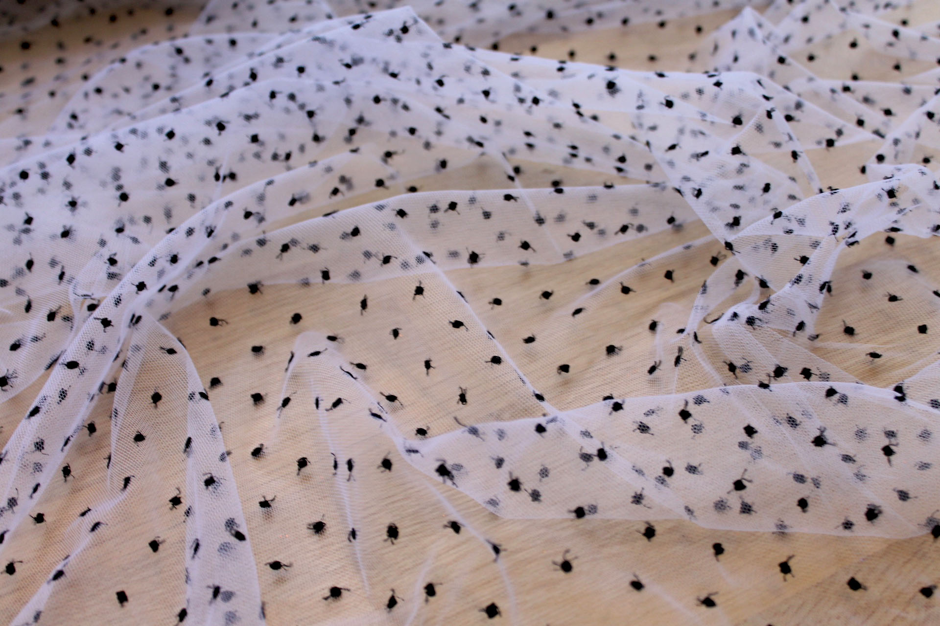 Embroidered Polka Dot / Spot Tulle - Small Black on White fabric, image 3 of 5